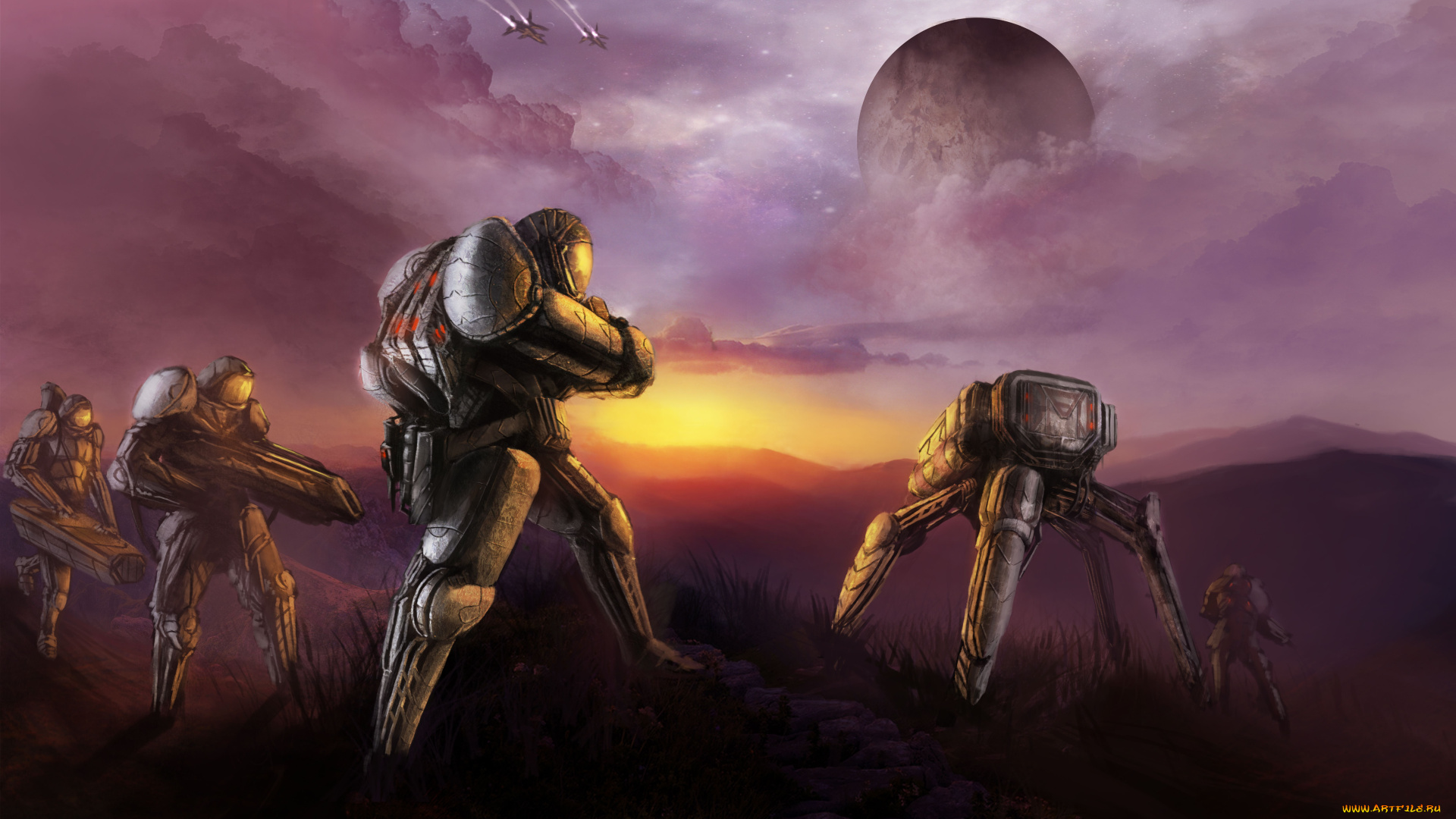 фэнтези, роботы, киборги, механизмы, робот, закат, планета