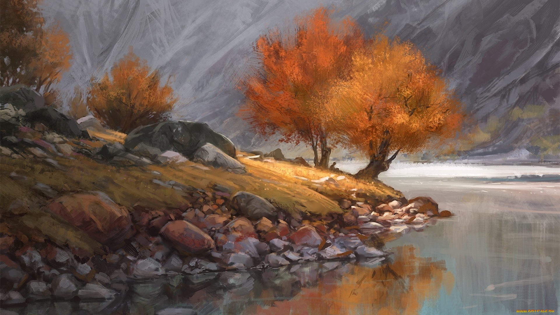 рисованные, природа, берег, камни, деревья, человек, сидя, один, одиночество, осень, горы, озеро, река