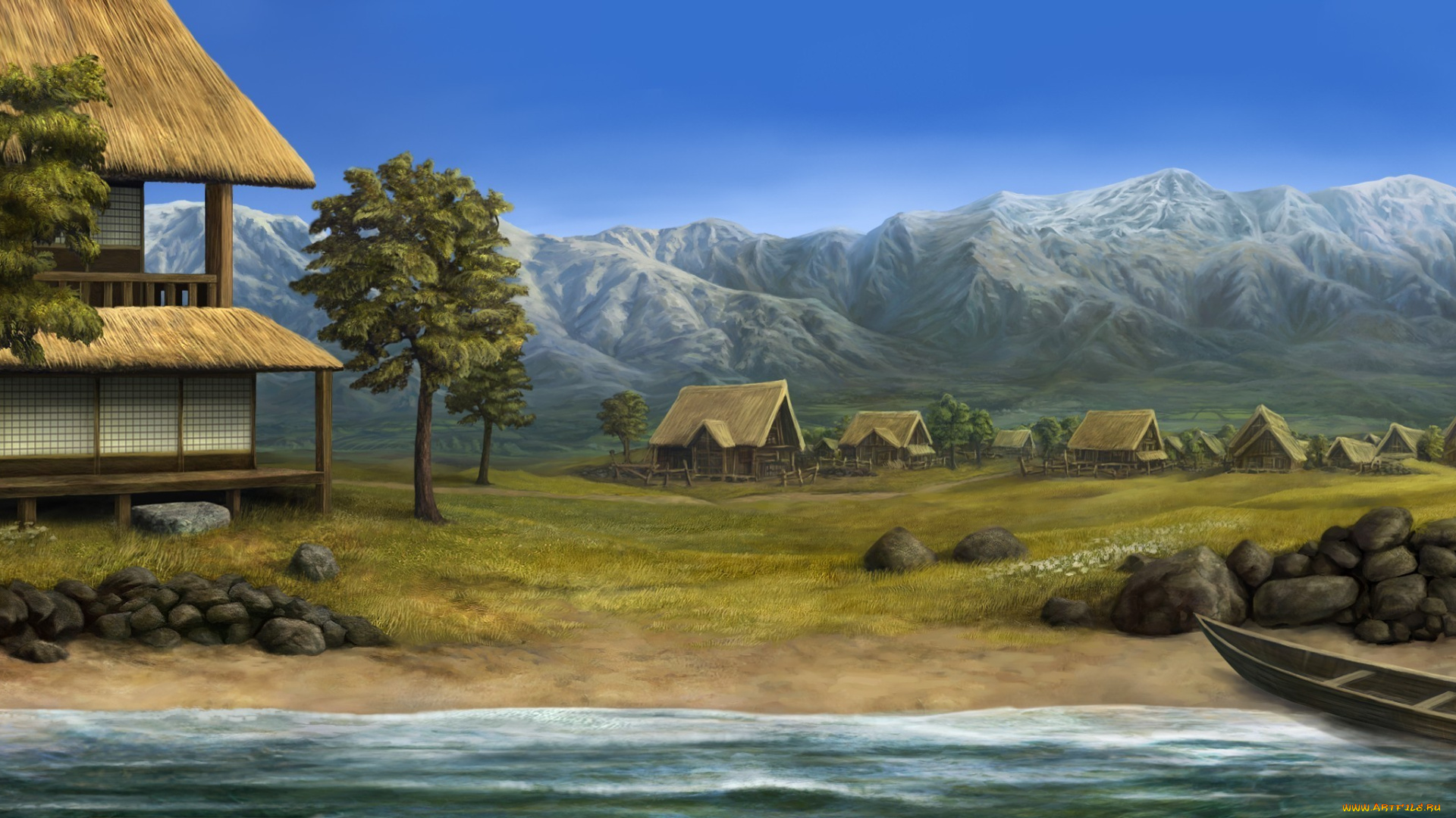 рисованные, живопись, деревня, лодка, горы, пейзаж, камни, река, дома