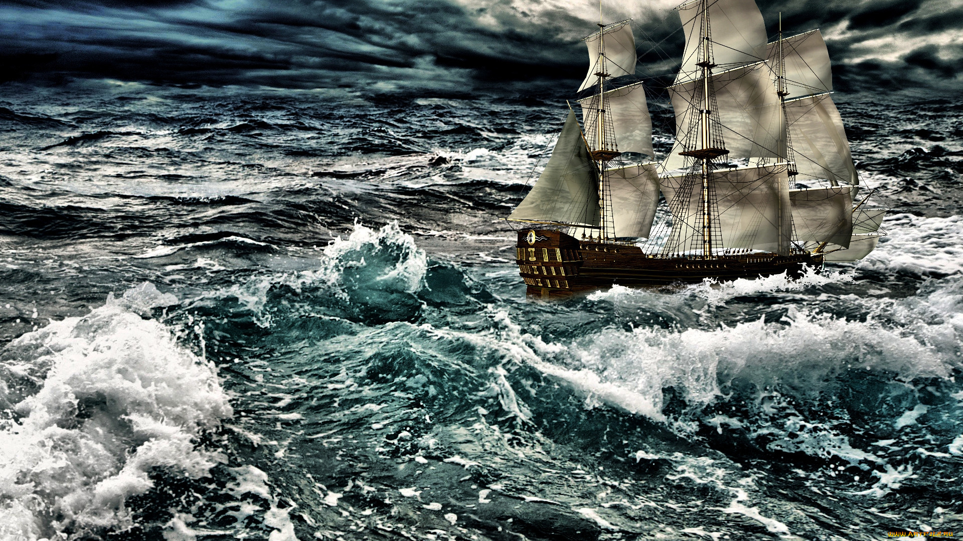 storm, корабли, 3d, шторм, парусник, океан