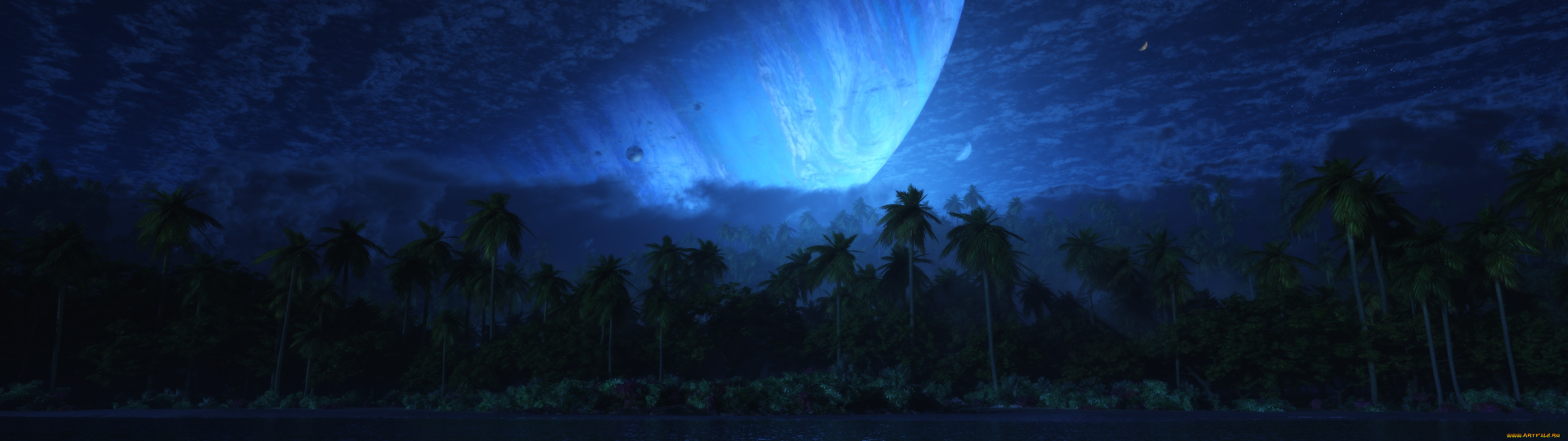 фэнтези, пейзажи, пальмы, тучи, планеты