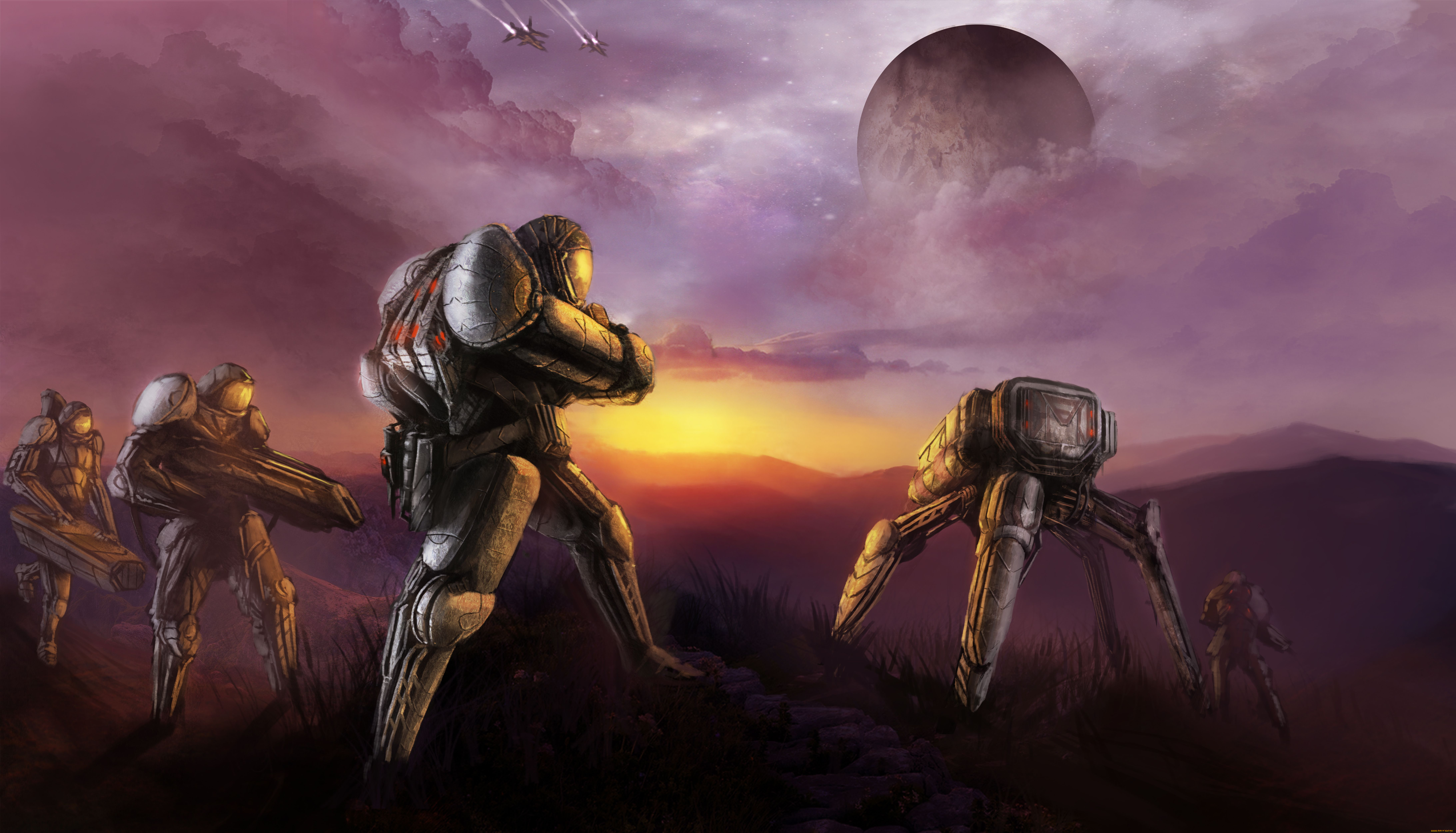 фэнтези, роботы, киборги, механизмы, робот, закат, планета