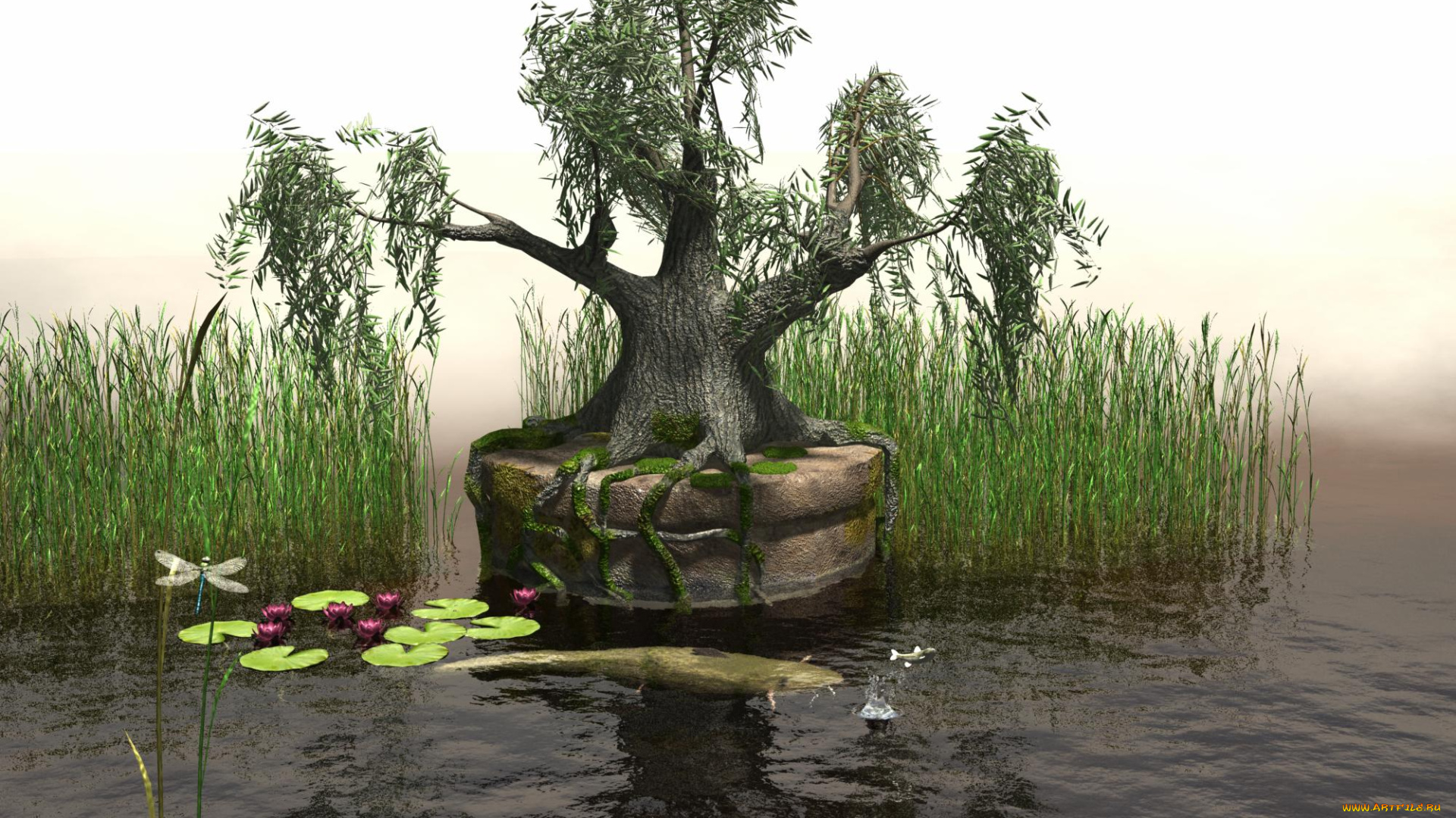 3д, графика, nature, landscape, природа, дерево, вода, стрекоза, сом