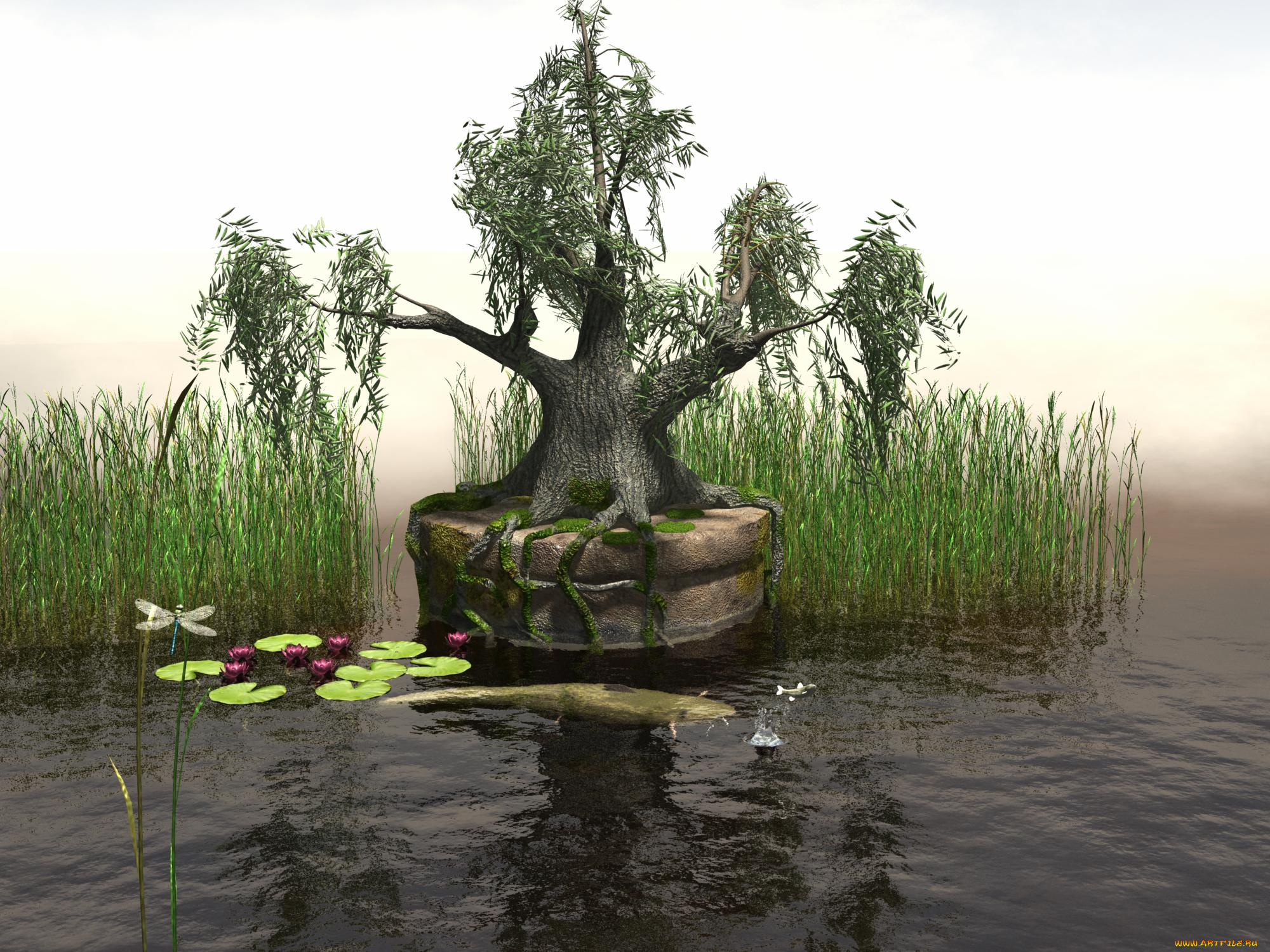 3д, графика, nature, landscape, природа, дерево, вода, стрекоза, сом