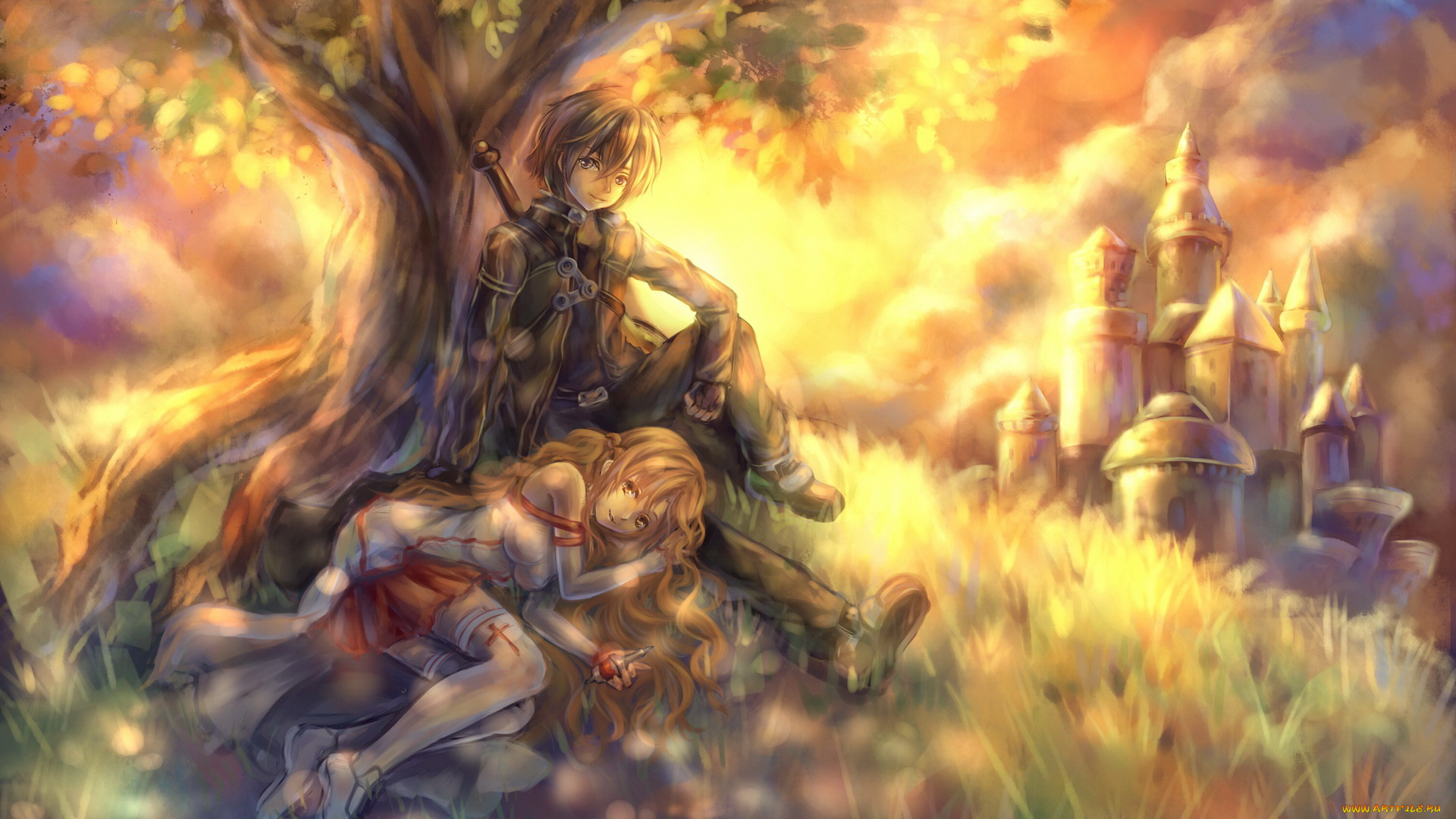 аниме, sword, art, online, город, девочка, мальчик