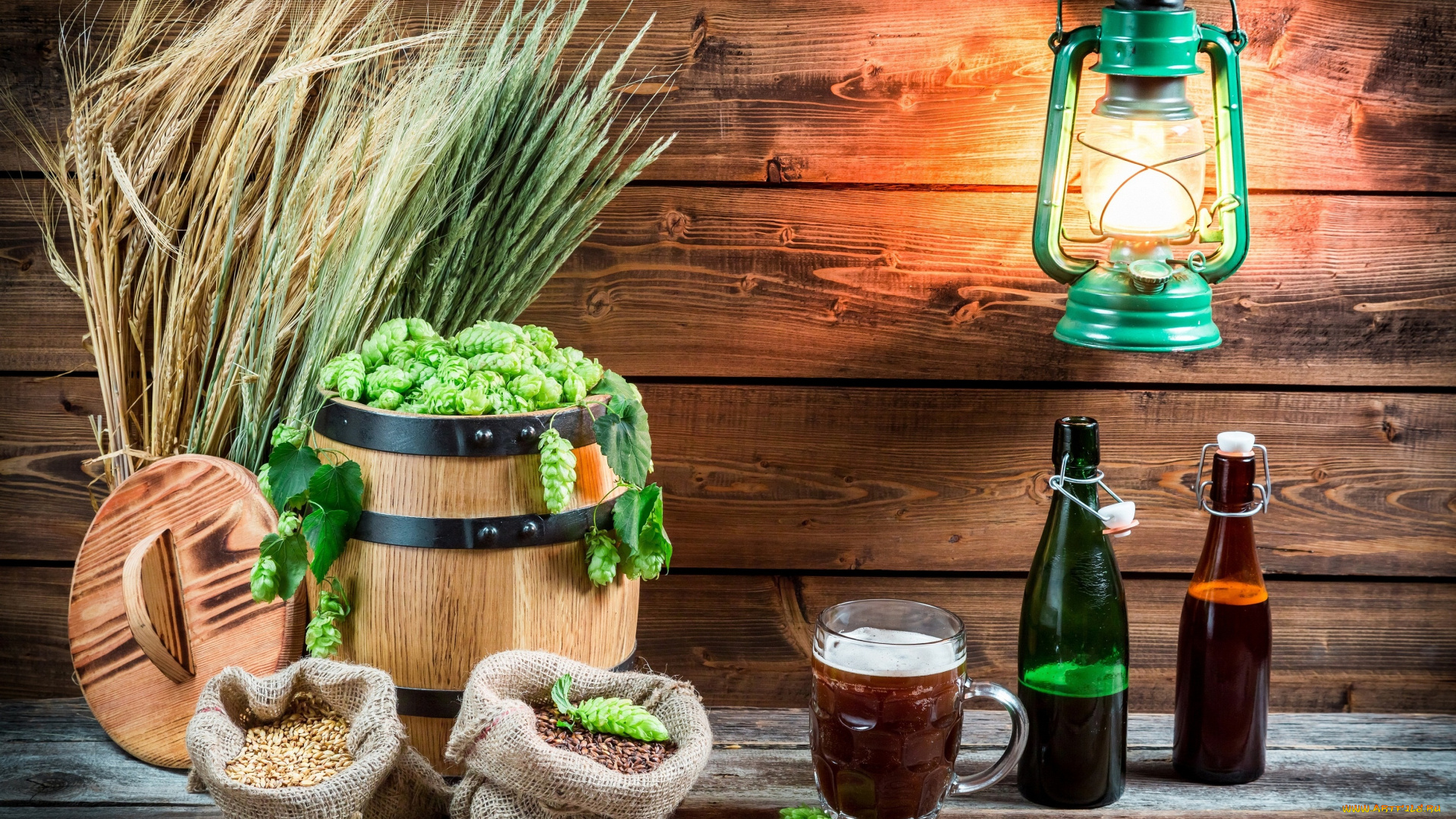 еда, напитки, , пиво, колоски, керосиновая, лампа, хмель, пиво, бочонок, бутылки