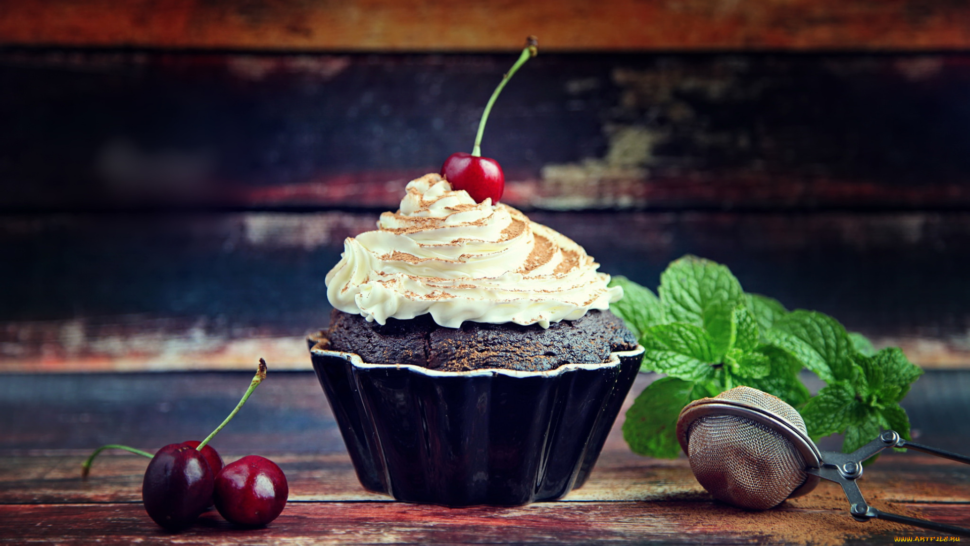 еда, пирожные, , кексы, , печенье, выпечка, кекс, крем, черешня, мята