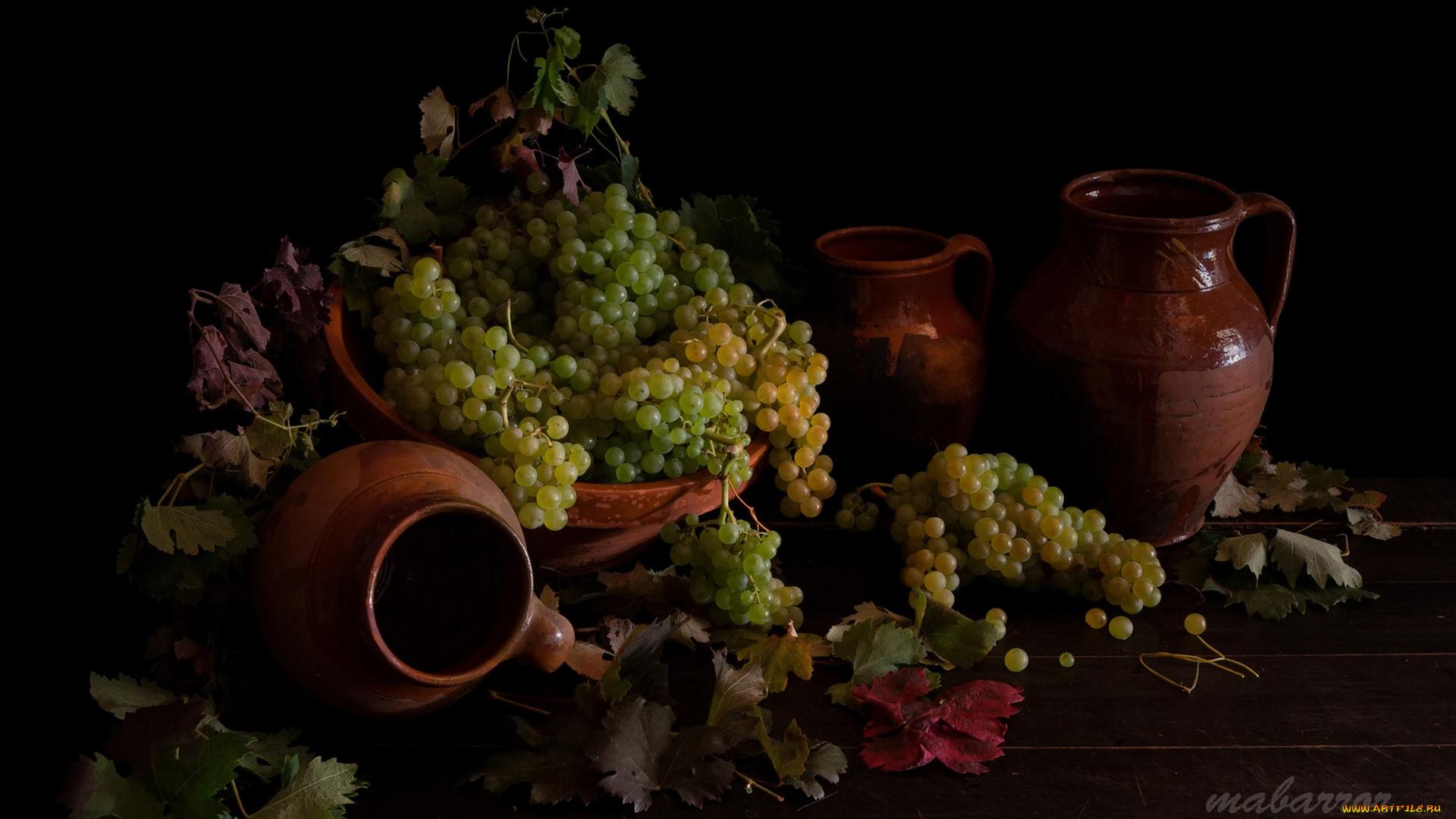 еда, виноград, белый, корзина, кувшины