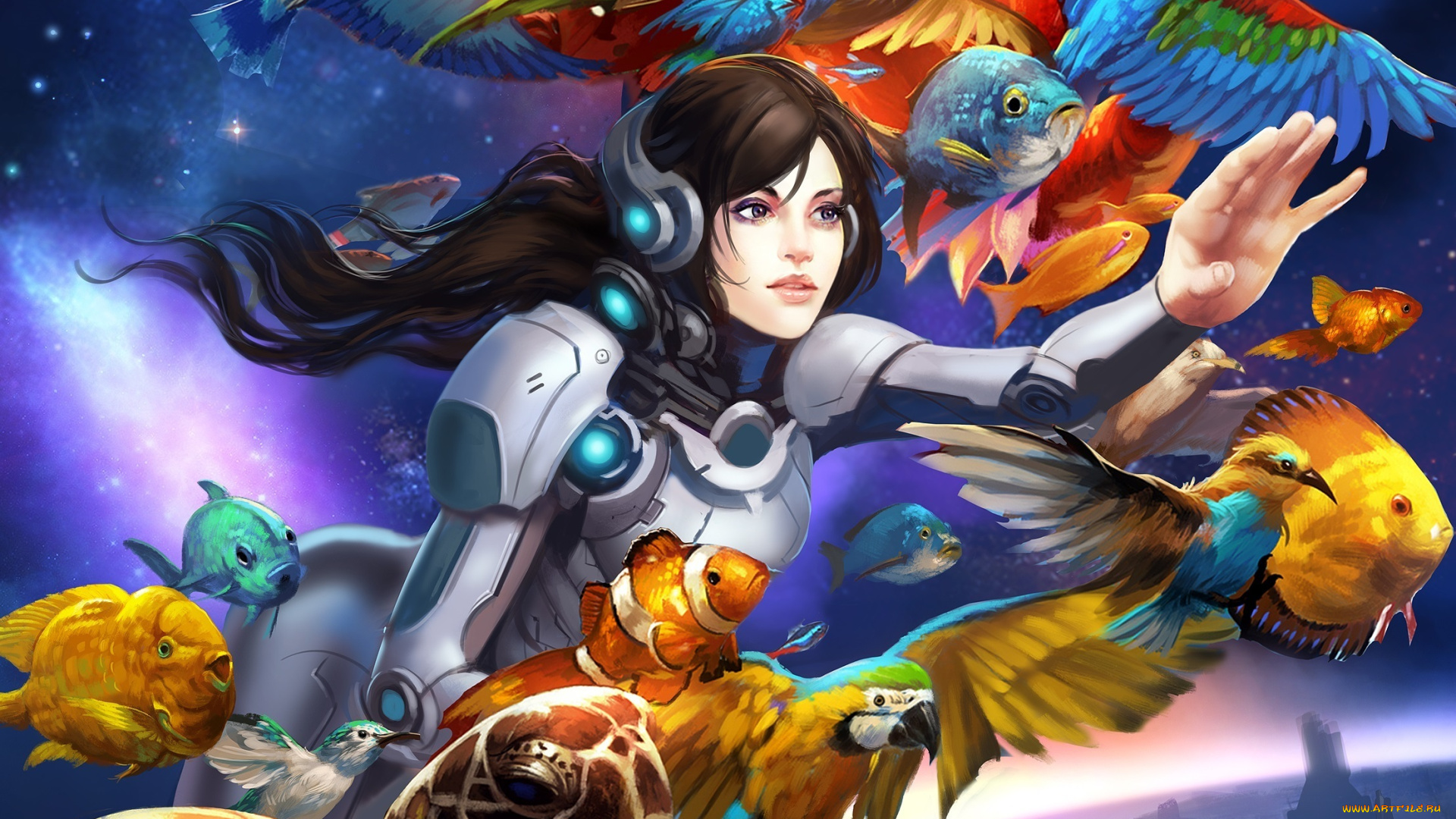 фэнтези, девушки, рыбы, попугаи, иной, мир, полет, скафандр, девушка