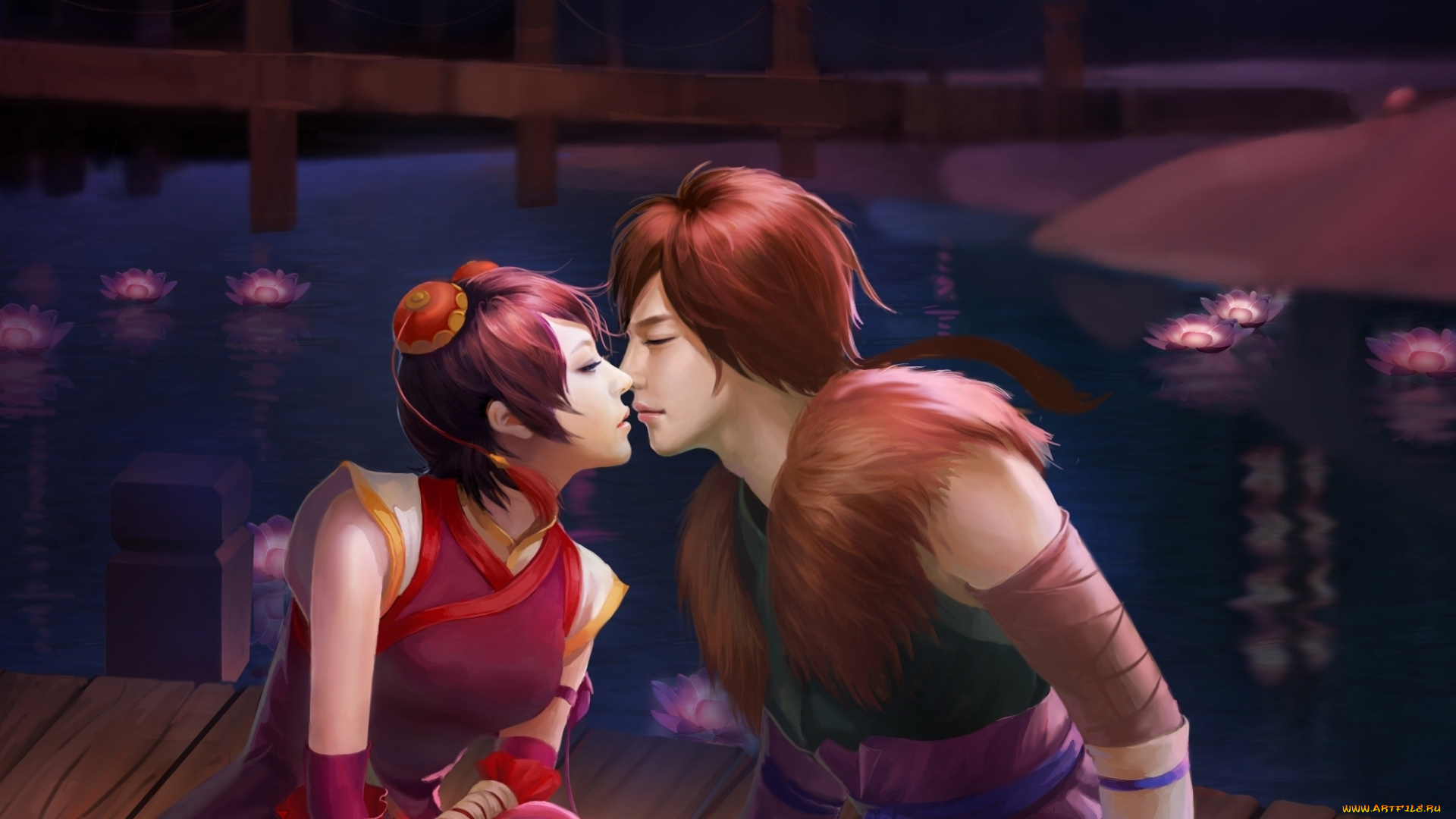 фэнтези, люди, вечер, лотос, вода, han, lingsha, любовь, xiaolanma, арт, yun, tianhe, парень, девушка, пара