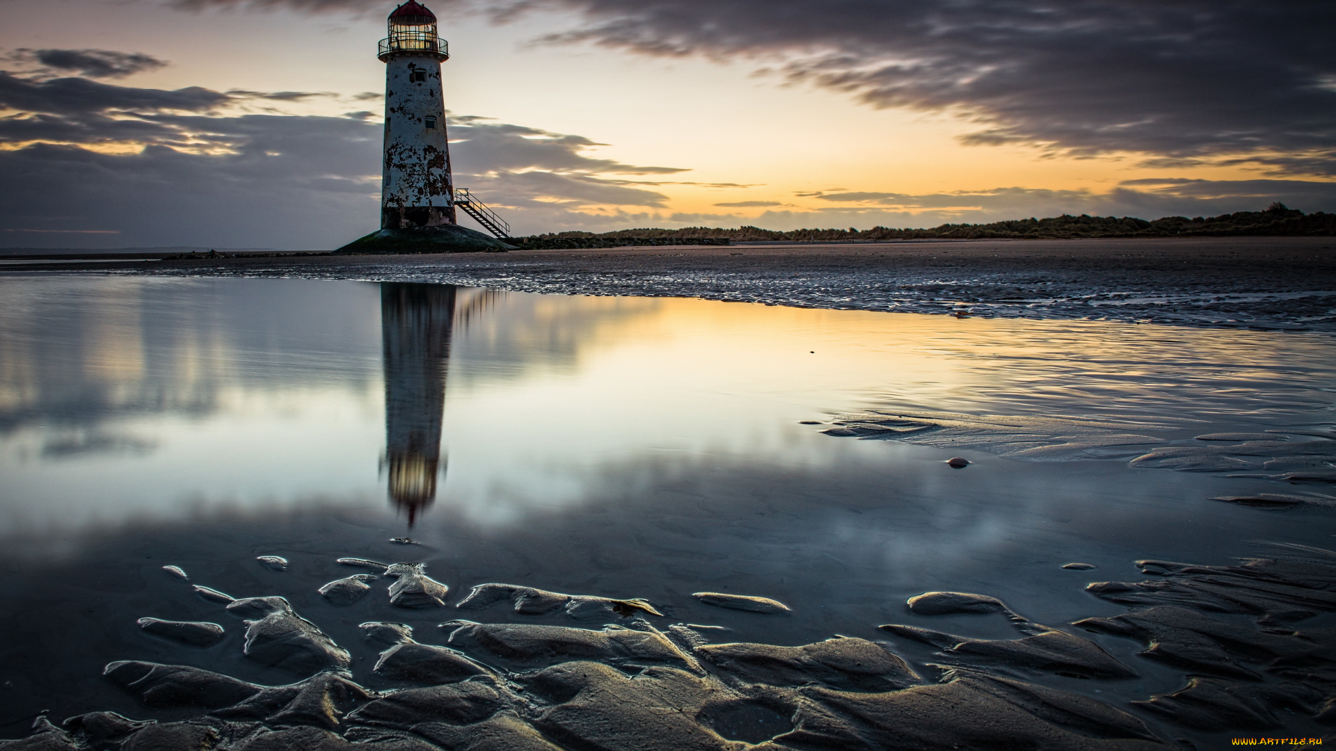 природа, маяки, море, северный, уэльс, рассвет, утро, пляж, маяк, облака, англия