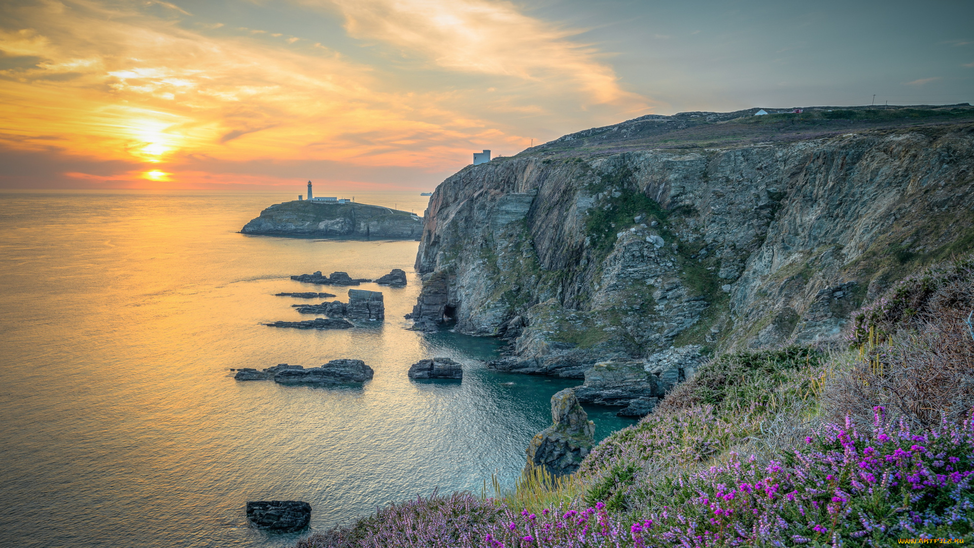 природа, маяки, северный, уэльс, англия, скалы, закат, маяк