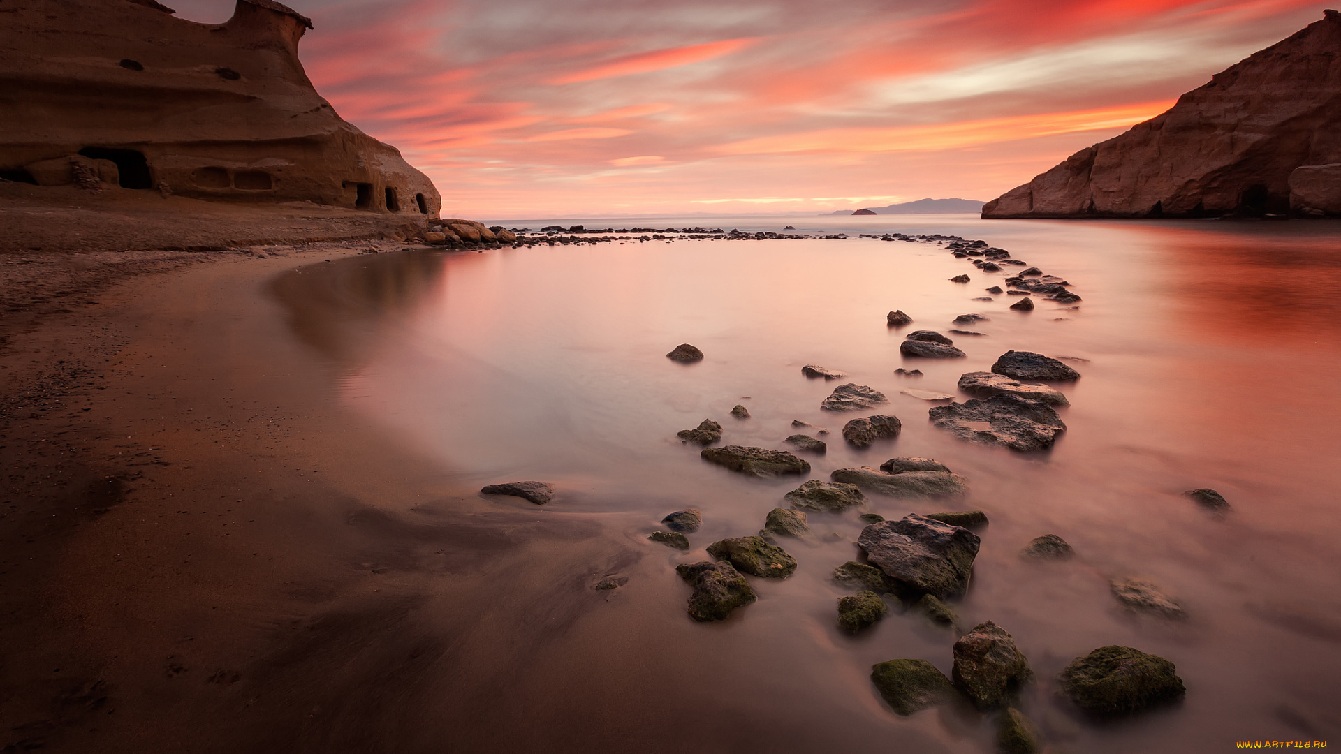 природа, побережье, небо, отлив, бухта, море, скалы, камни, облака