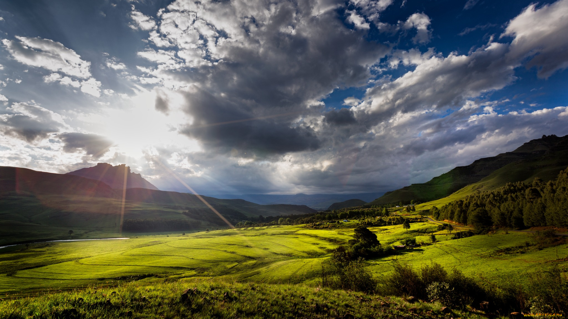 природа, восходы, закаты, солнечные, лучи, kwa-zulu, natal, горы, южная, африка, солнце, долина, облака, провинция, квазулу-натал