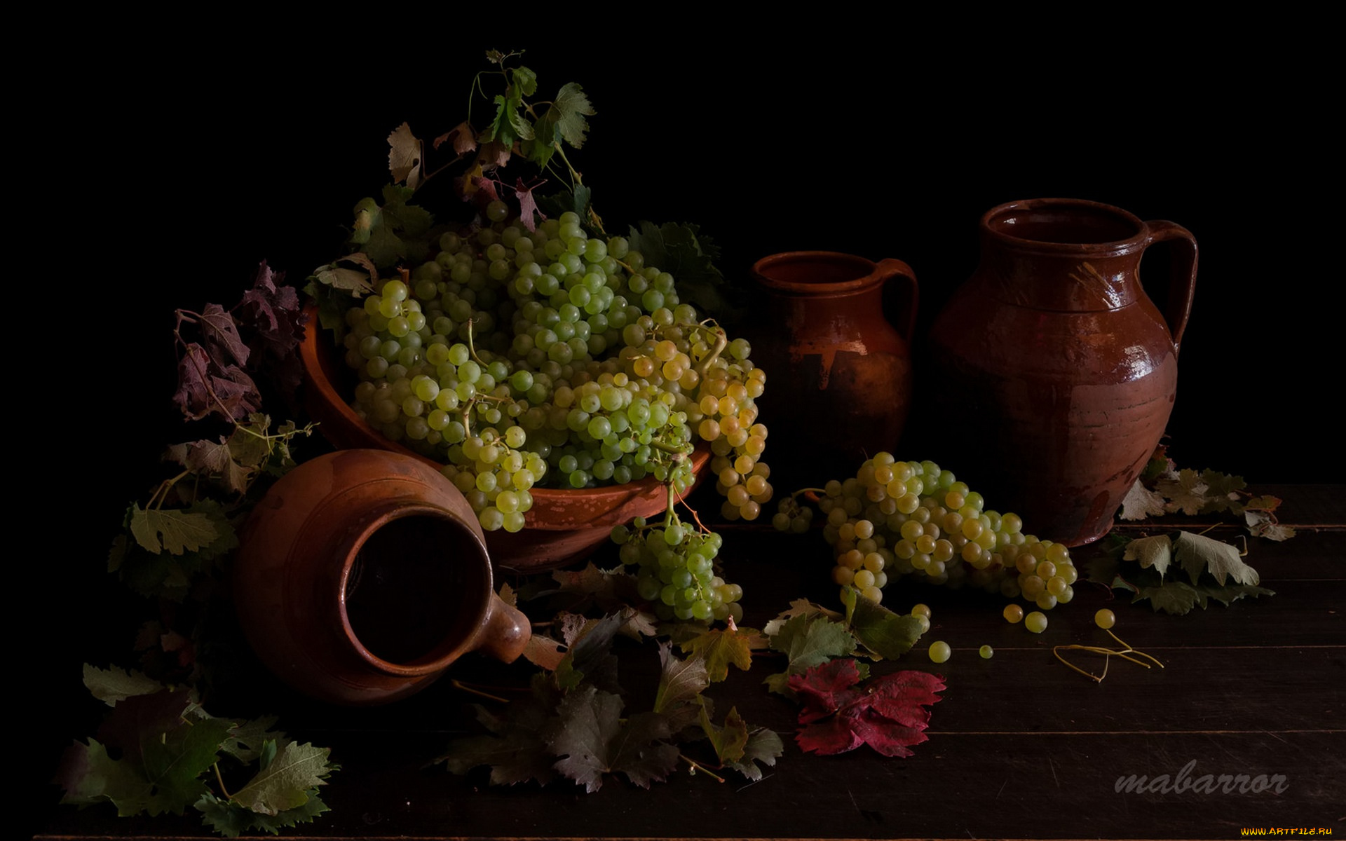 еда, виноград, белый, корзина, кувшины