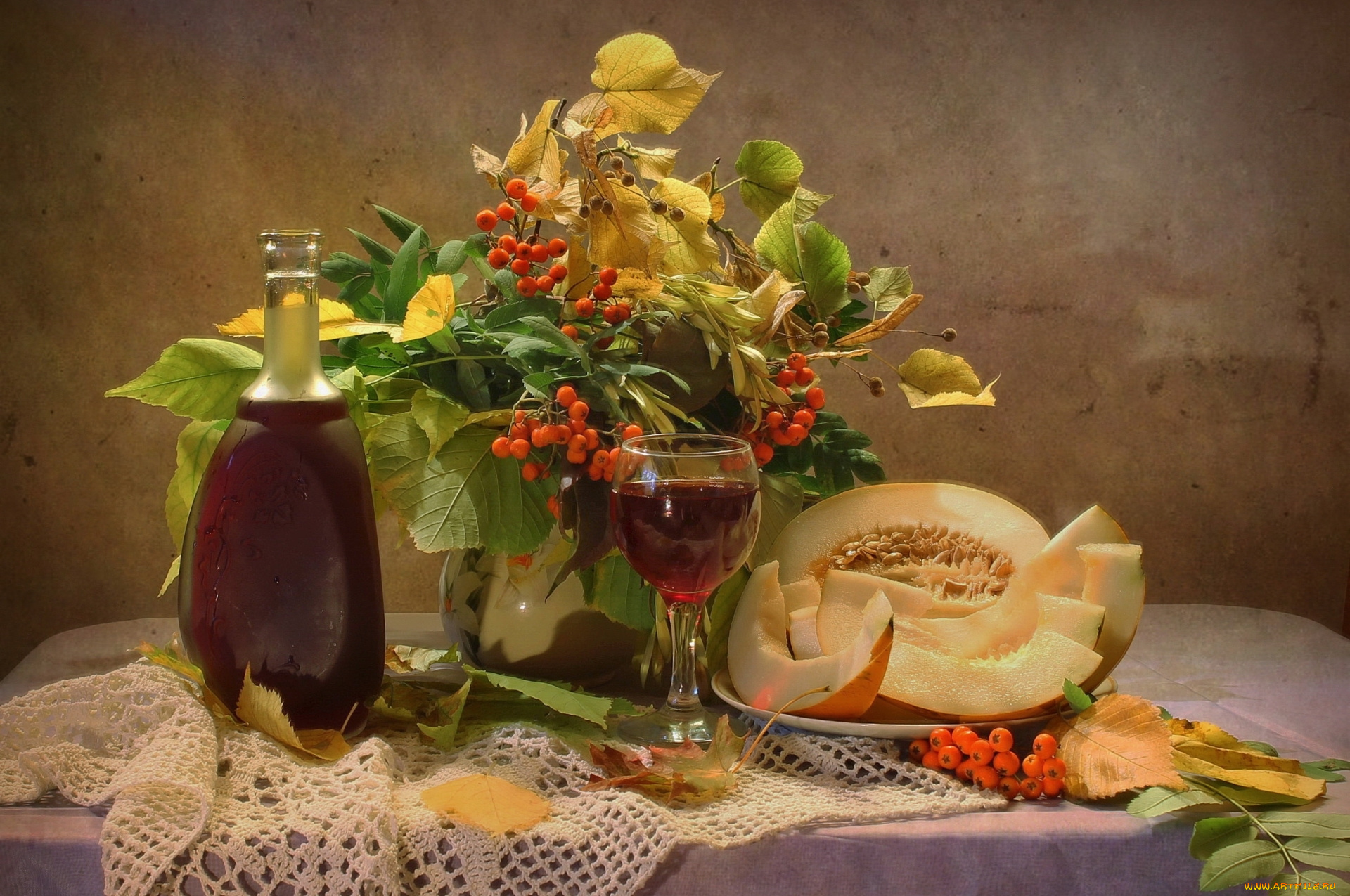 еда, натюрморт, наливка, дыня, рябина