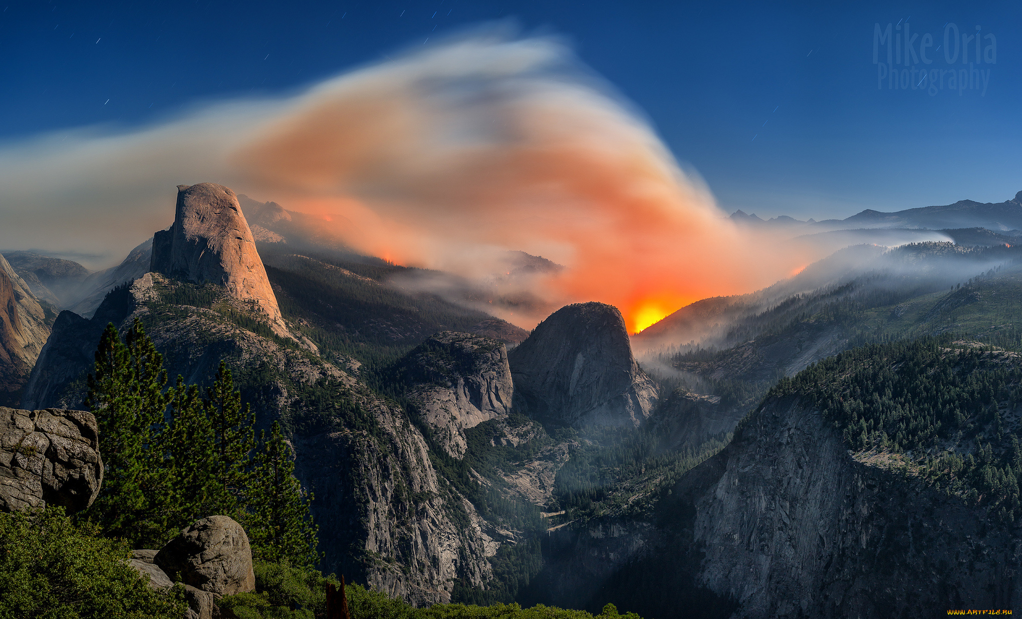 природа, стихия, национальный, парк, йосемити, ветер, лес, пожар, огонь, ночь, штат, калифорния, сша, вечер, дым