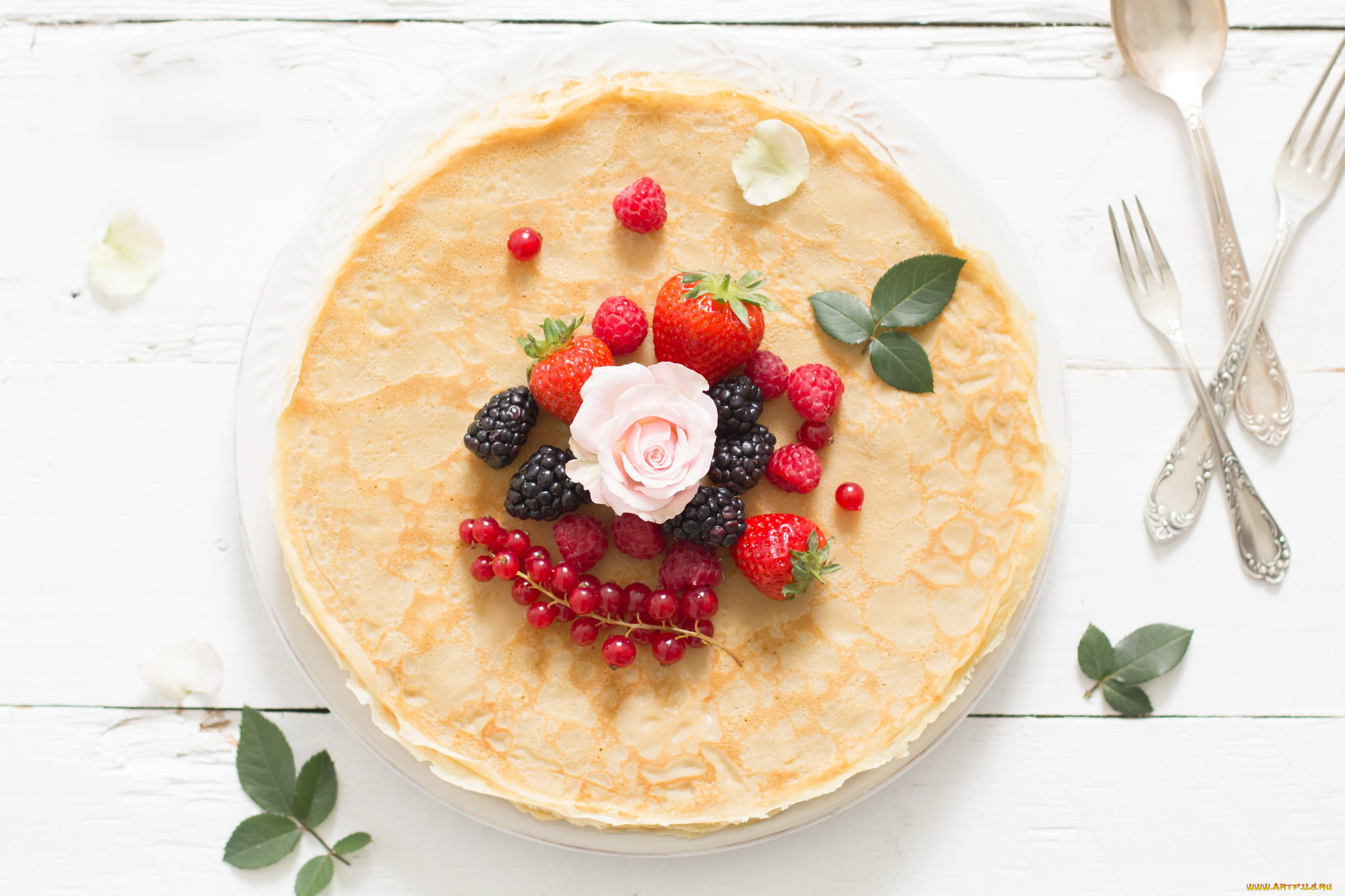 еда, блины, , оладьи, роза, клубника, малина, смородина, ежевика