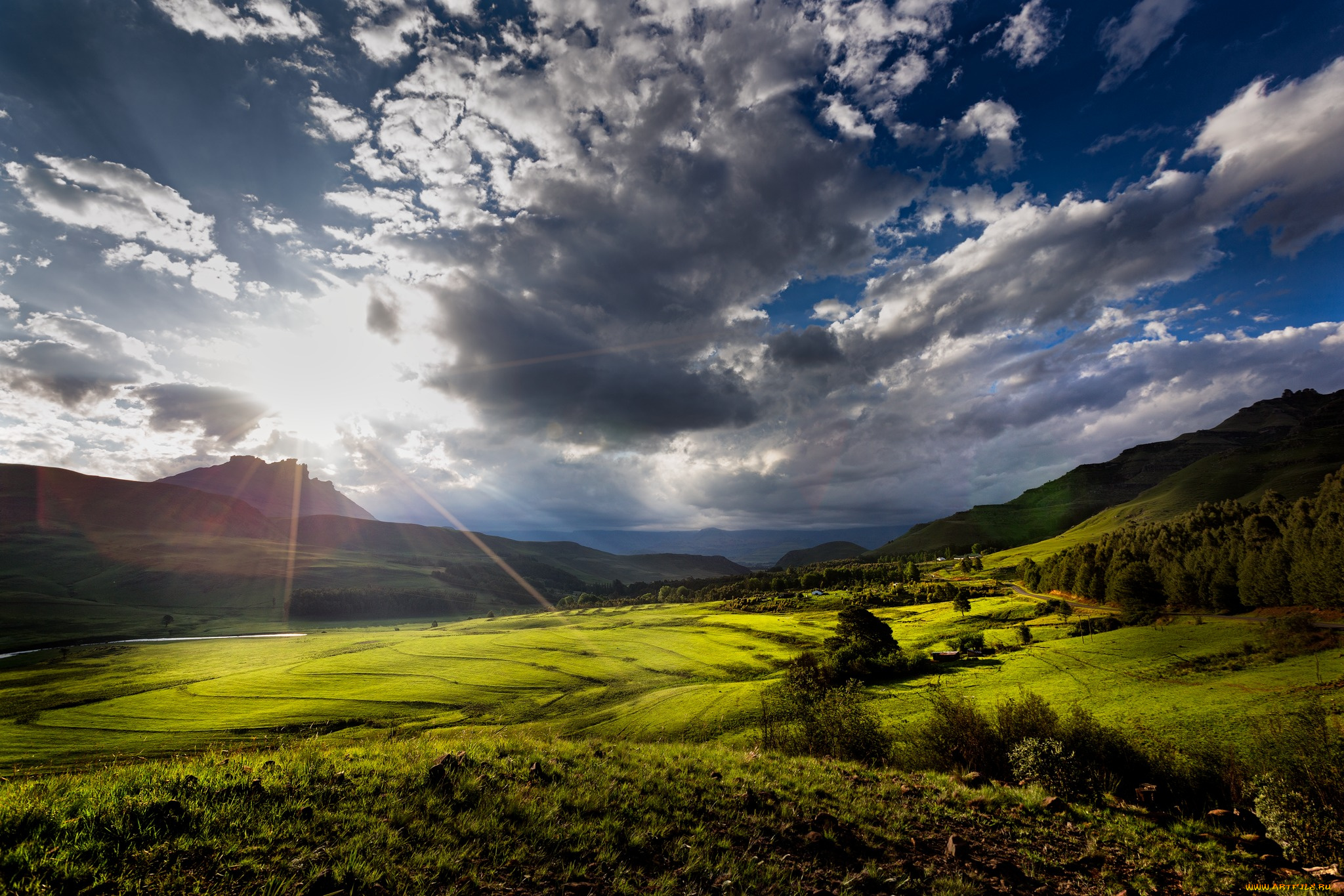 природа, восходы, закаты, солнечные, лучи, kwa-zulu, natal, горы, южная, африка, солнце, долина, облака, провинция, квазулу-натал