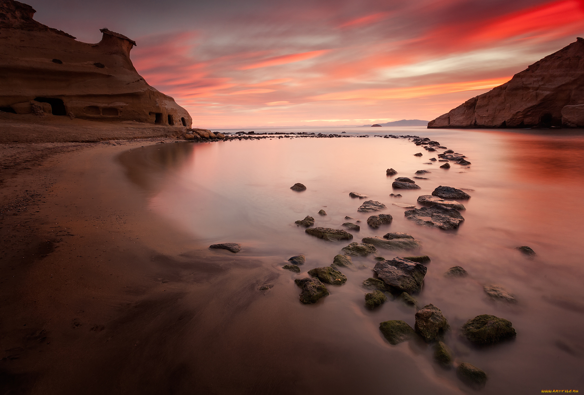 природа, побережье, небо, отлив, бухта, море, скалы, камни, облака