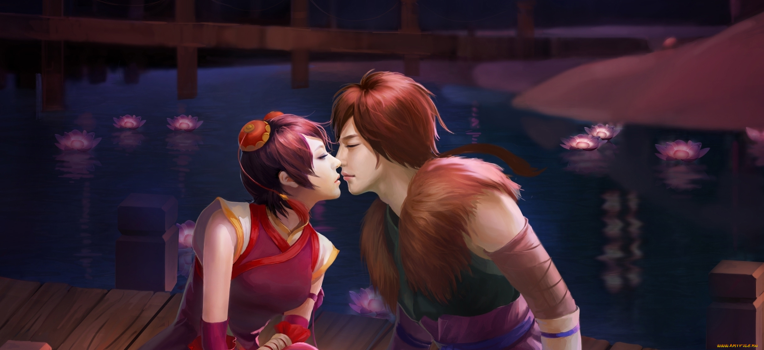 фэнтези, люди, вечер, лотос, вода, han, lingsha, любовь, xiaolanma, арт, yun, tianhe, парень, девушка, пара