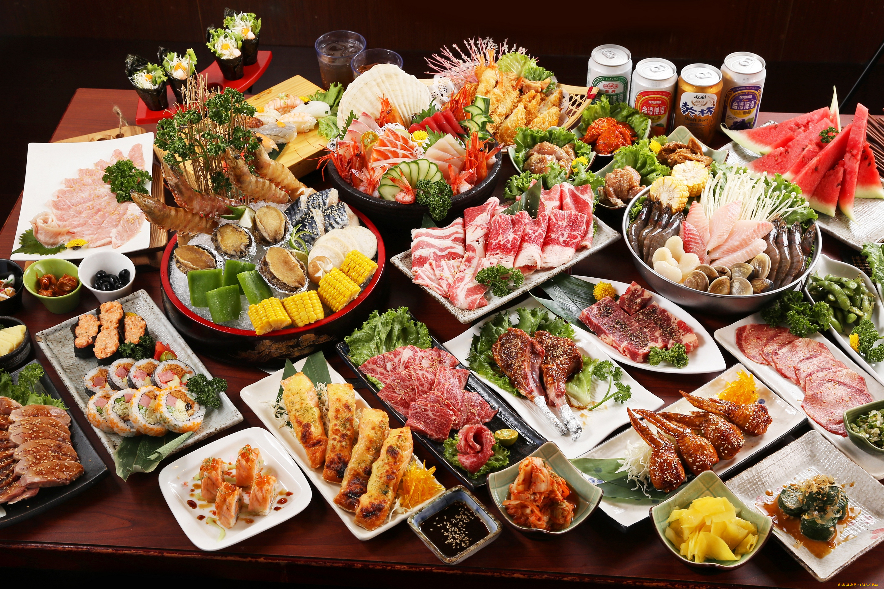 еда, разное, крабы, роллы, арбуз, мясо, кукуруза, бекон