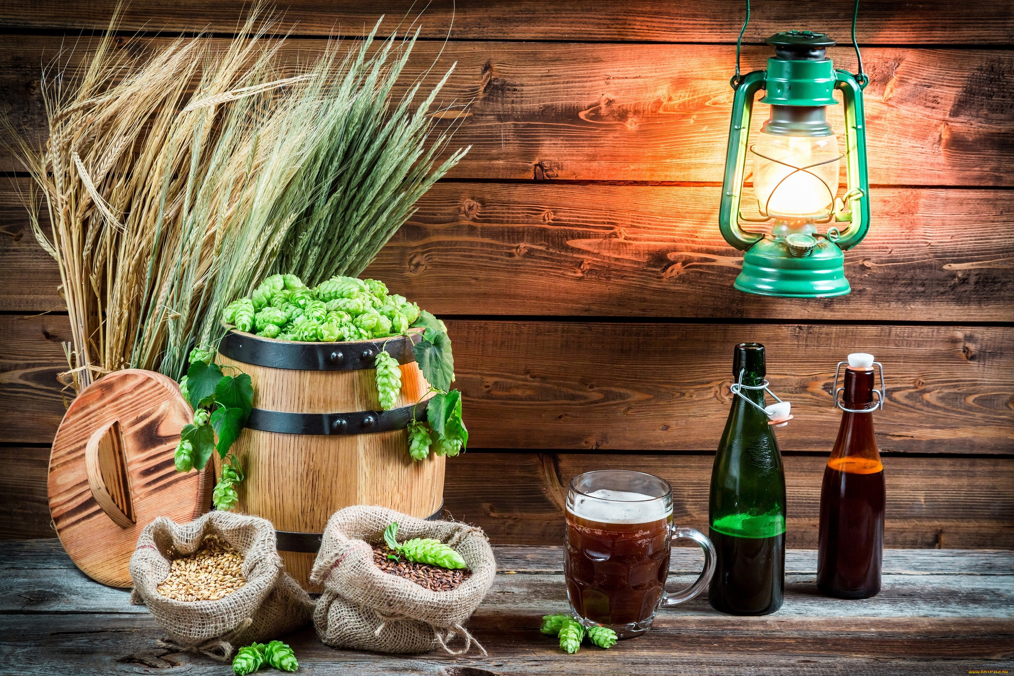 еда, напитки, , пиво, колоски, керосиновая, лампа, хмель, пиво, бочонок, бутылки