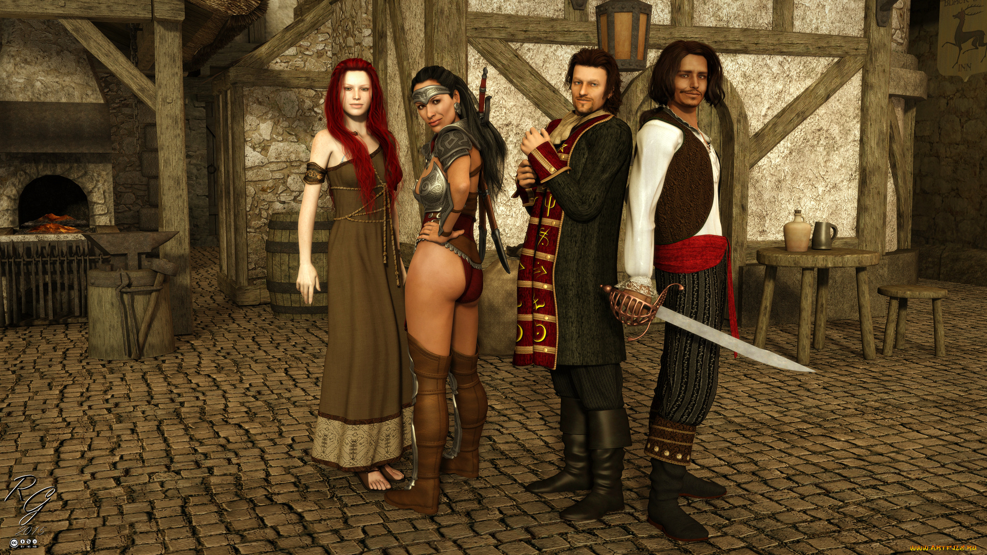 3д, графика, фантазия, , fantasy, мужчины, оружие, фон, взгляд, девушки