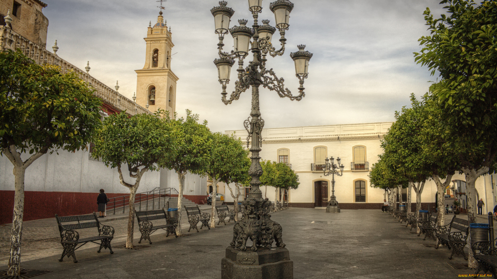 amanece, en, olivares, города, севилья, , испания, скамейки, аллея, фонари