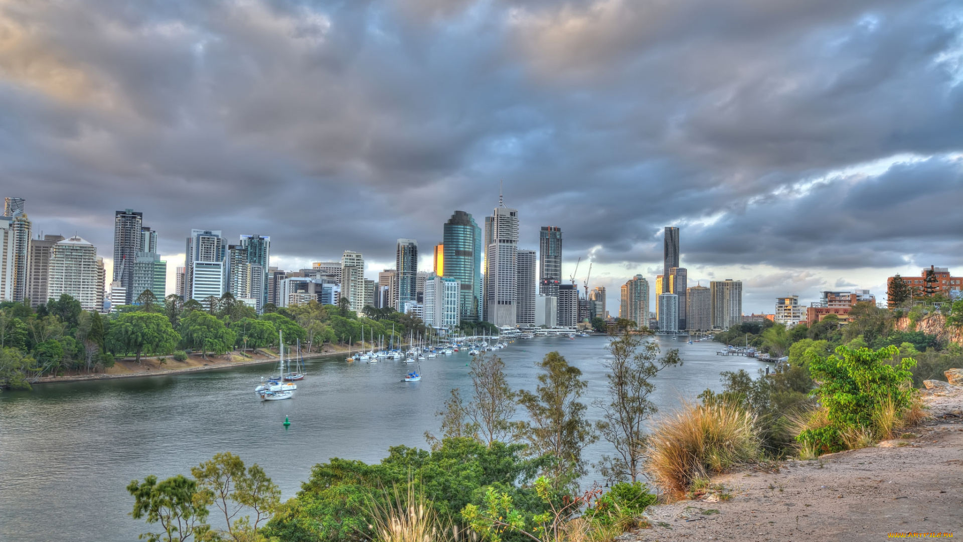 brisbane, city, города, брисбен, , австралия, река, тучи, небоскребы