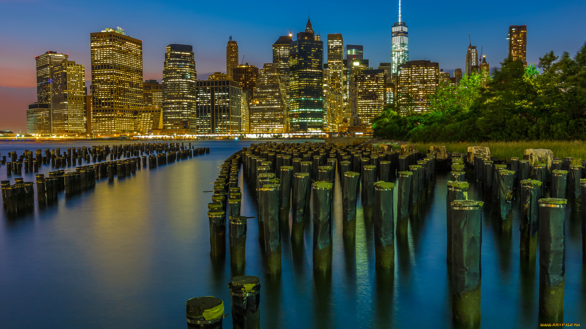 brooklyn, bridge, park, города, нью-йорк, , сша, небоскребы, сваи, залив, ночь, огни