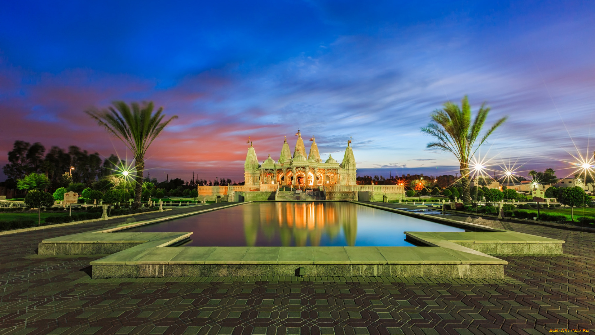 города, -, дворцы, , замки, , крепости, дворец, бассейн, парк, ночь, огни