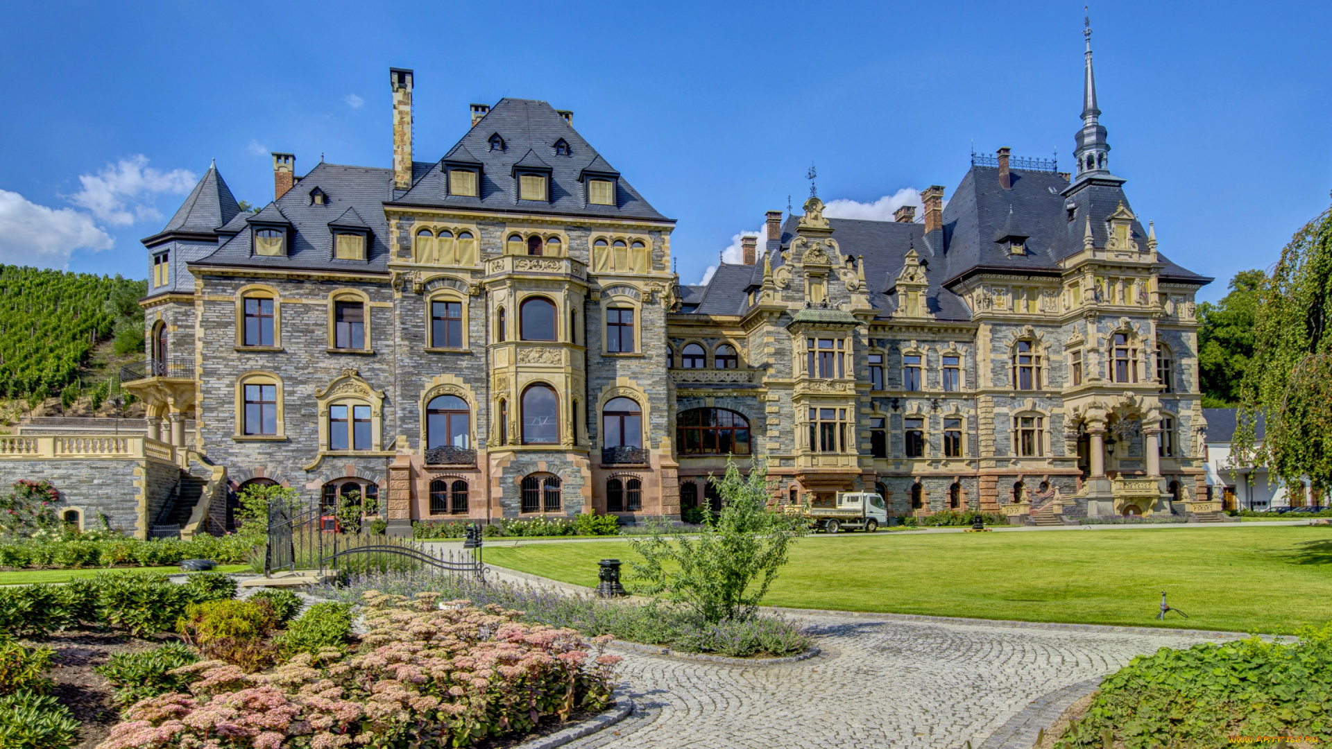 города, -, дворцы, , замки, , крепости, германия, lieser, замок, дорожки, газон, клумбы