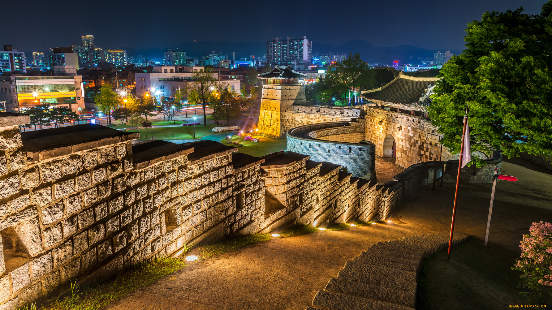 города, -, дворцы, , замки, , крепости, корея, крепость, ночь