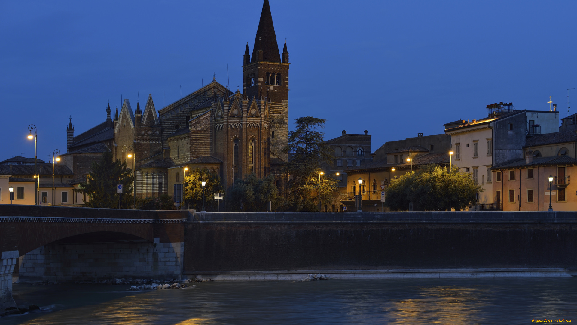 города, -, католические, соборы, , костелы, , аббатства, ночь, озеро, город, огни