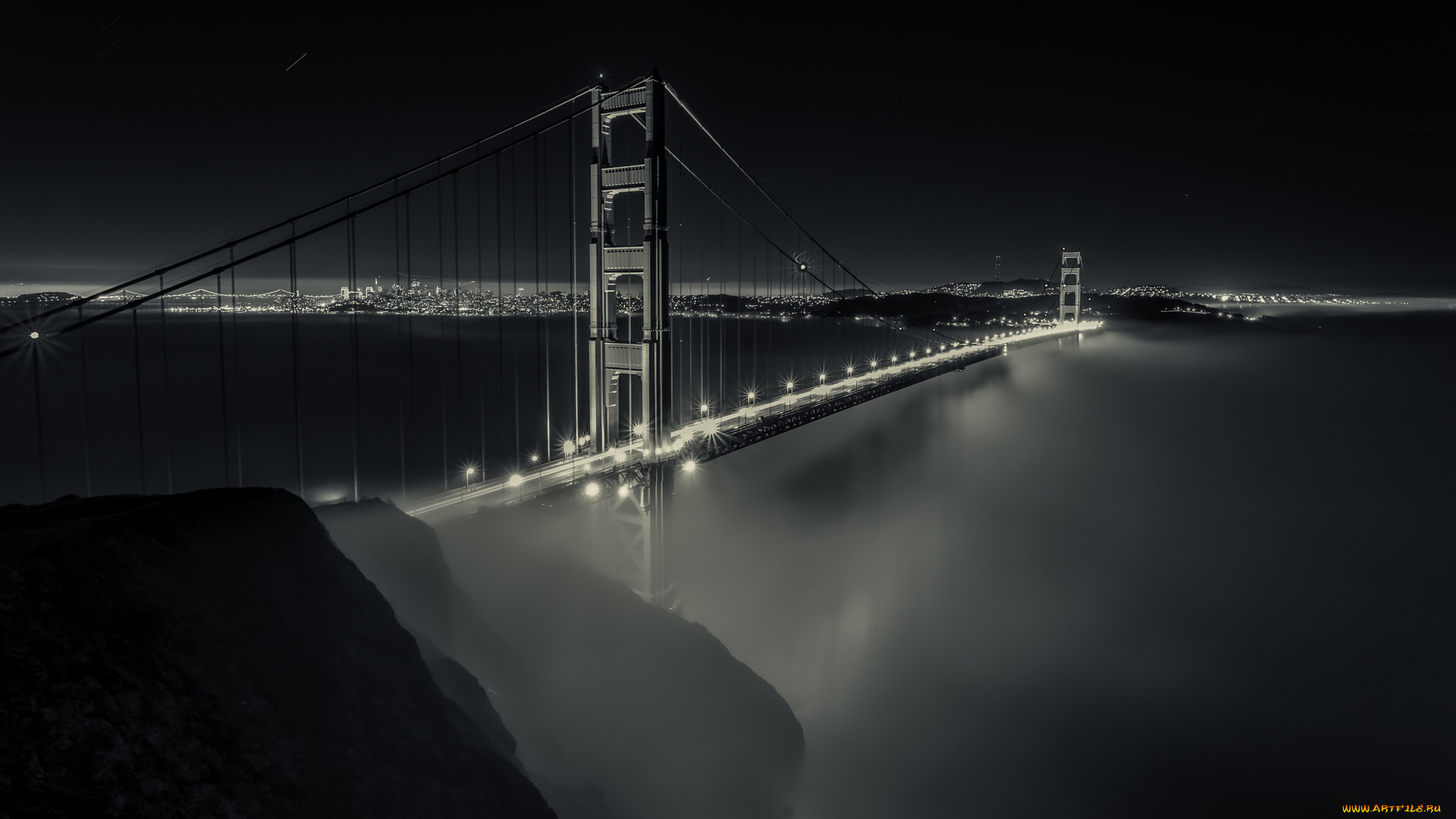 города, -, мосты, огни, туман, мост, калифорния, california, bay, bridge, сан-франциско, san, francisco