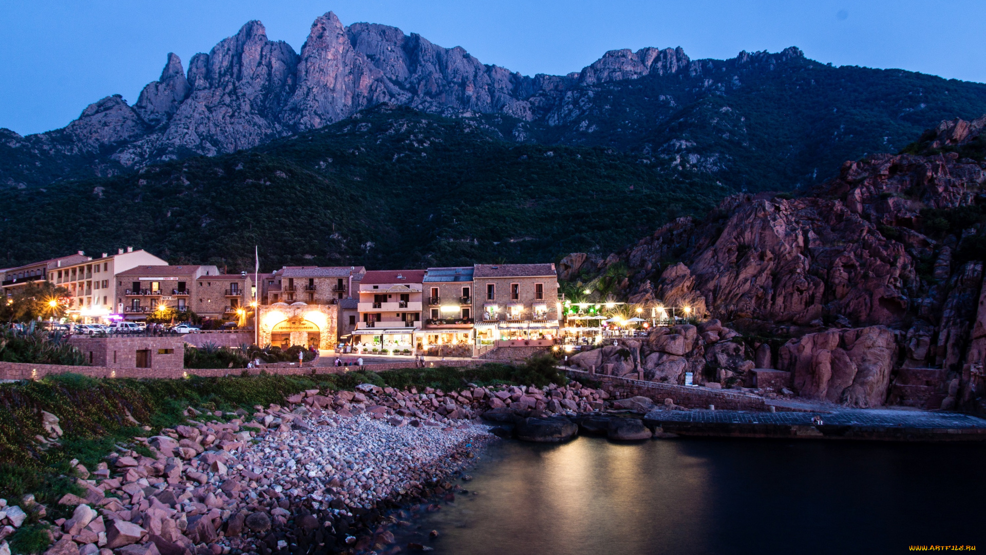 города, -, огни, ночного, города, франция, corsica, остров, побережье, средиземное, море, скалы, камни, дома, вечер, огни, фонари