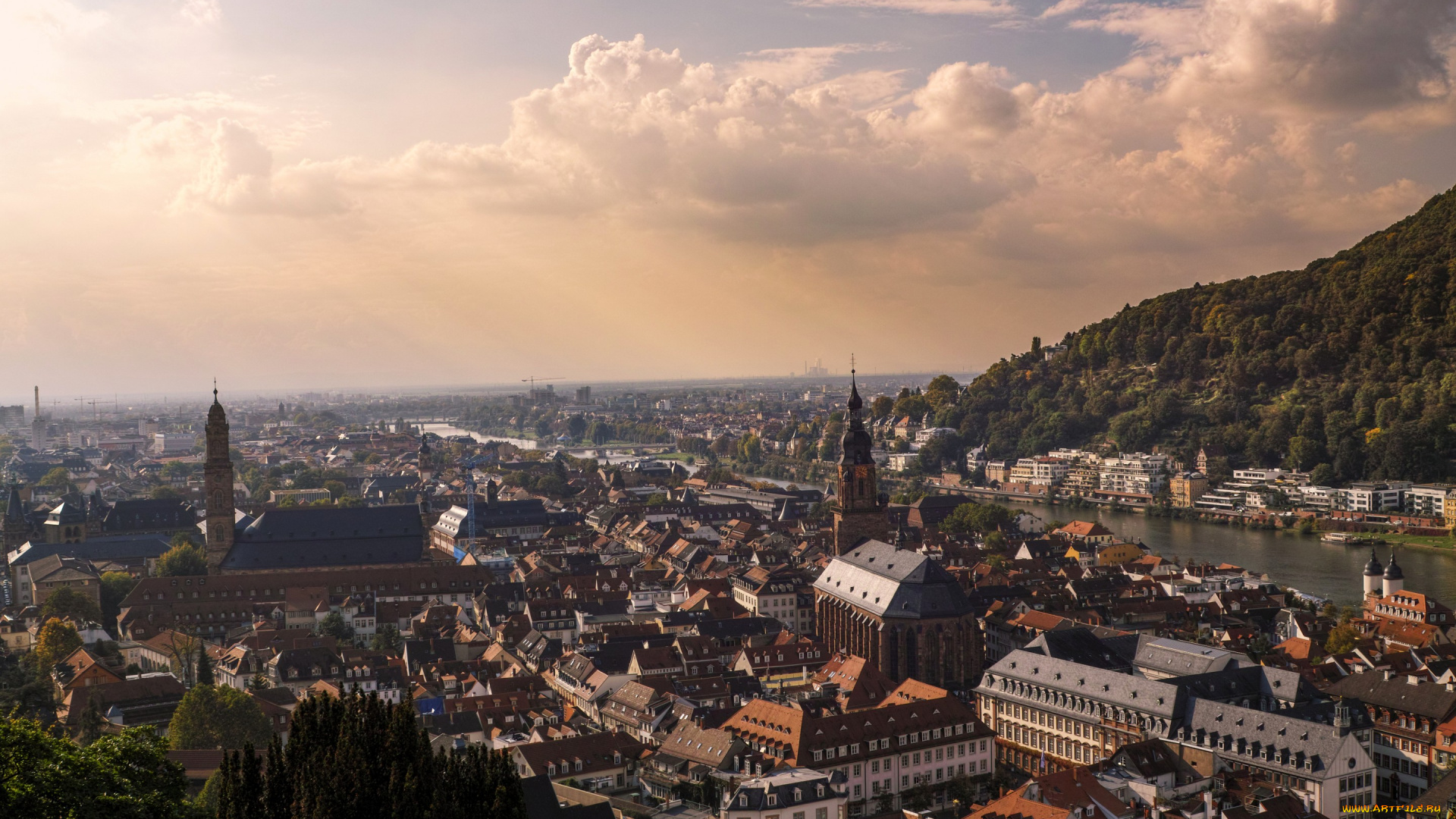 города, -, панорамы, германия, heidelberg, дома, река, панорама, облака