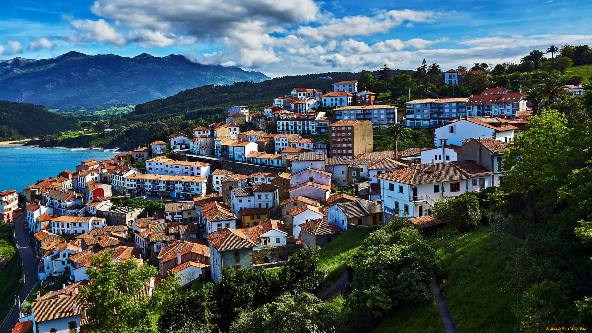 города, -, панорамы, испания, colunga, asturias, море, побережье, горы, холмы, облака, склон, дома