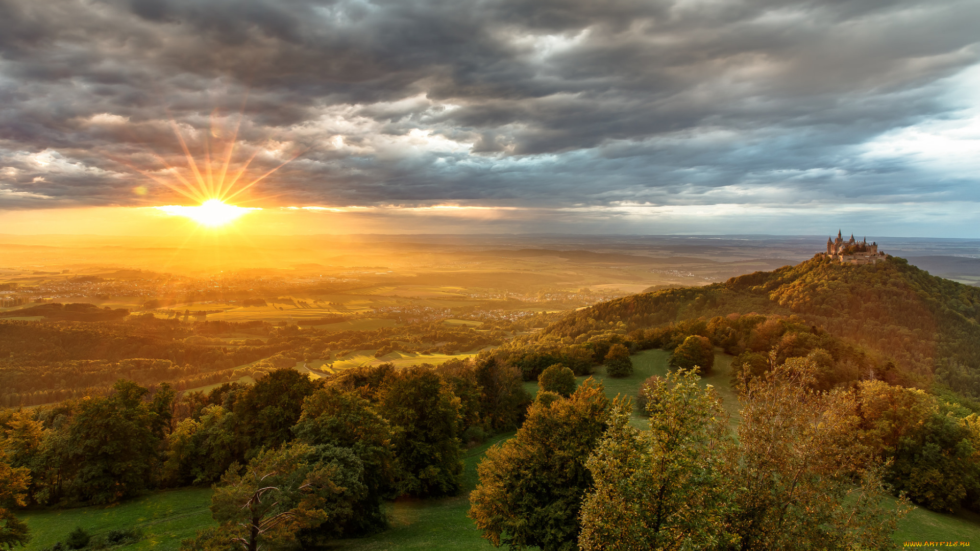 города, -, пейзажи, рассвет, равнина, замок, холм