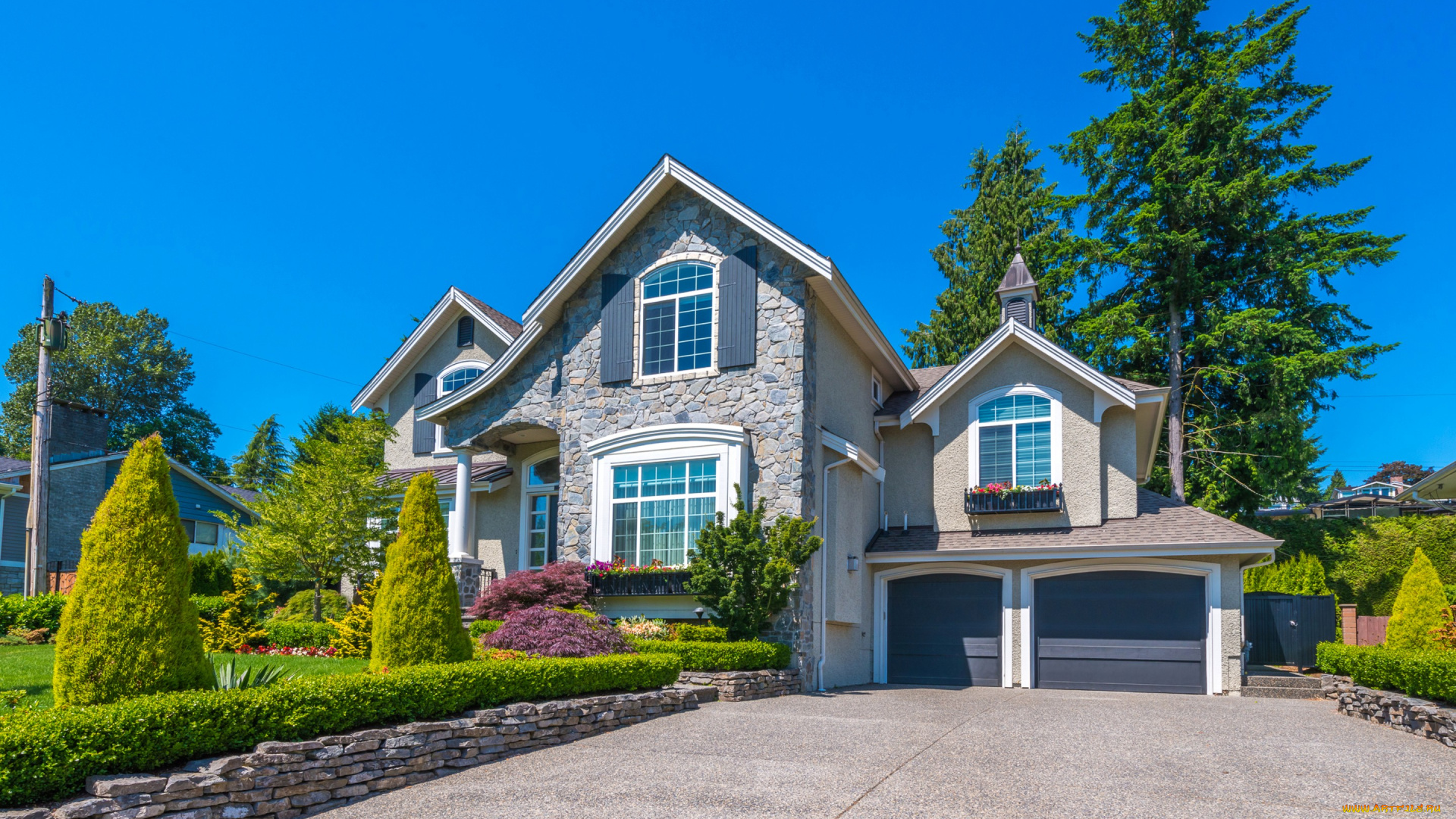 города, -, здания, , дома, дом, особняк, дизайн, газон, кусты, цветы, деревья, небо, солнце