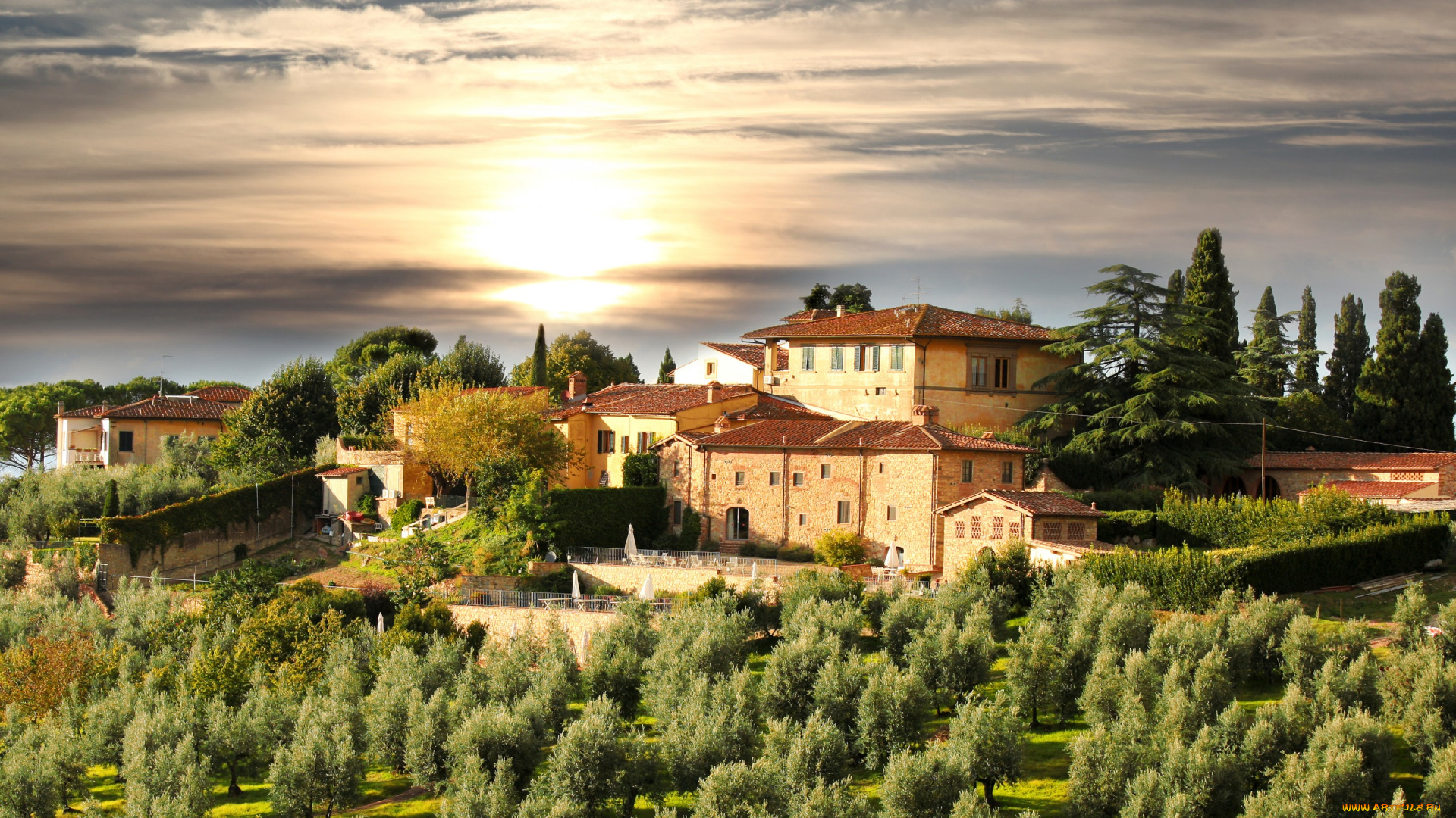 города, -, здания, , дома, италия, tuscany, дома, деревья, небо, солнце, закат