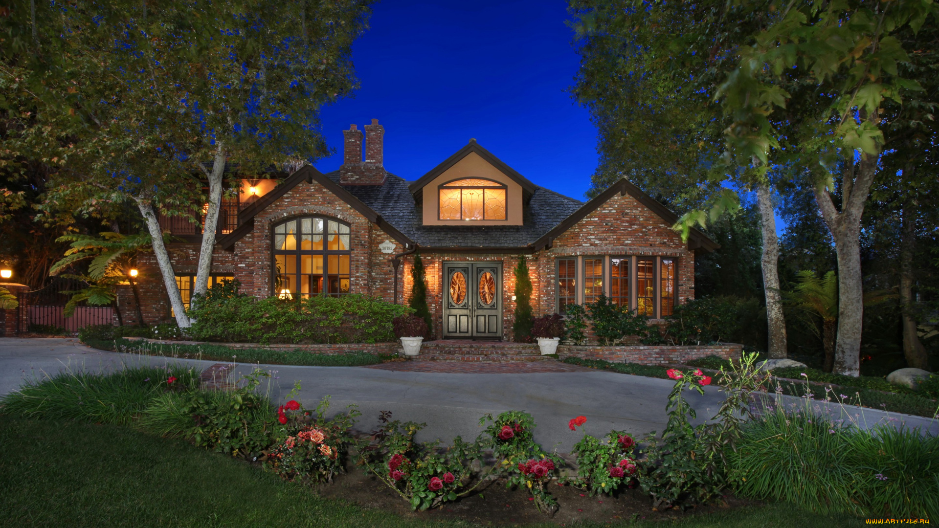 города, -, здания, , дома, сша, калифорния, san, juan, capistrano, дом, особняк, дизайн, ночь, огни, деревья, кусты, дорожка, газон, клумбы, цветы