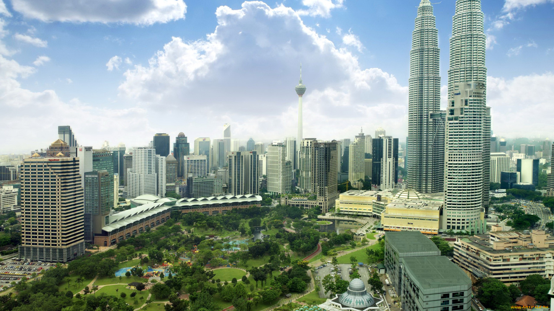 города, куала-лумпур, , малайзия, куала-лумпур, парк, дома, небоскребы, небо, облака, панорама, kuala, lumpur, malaysia