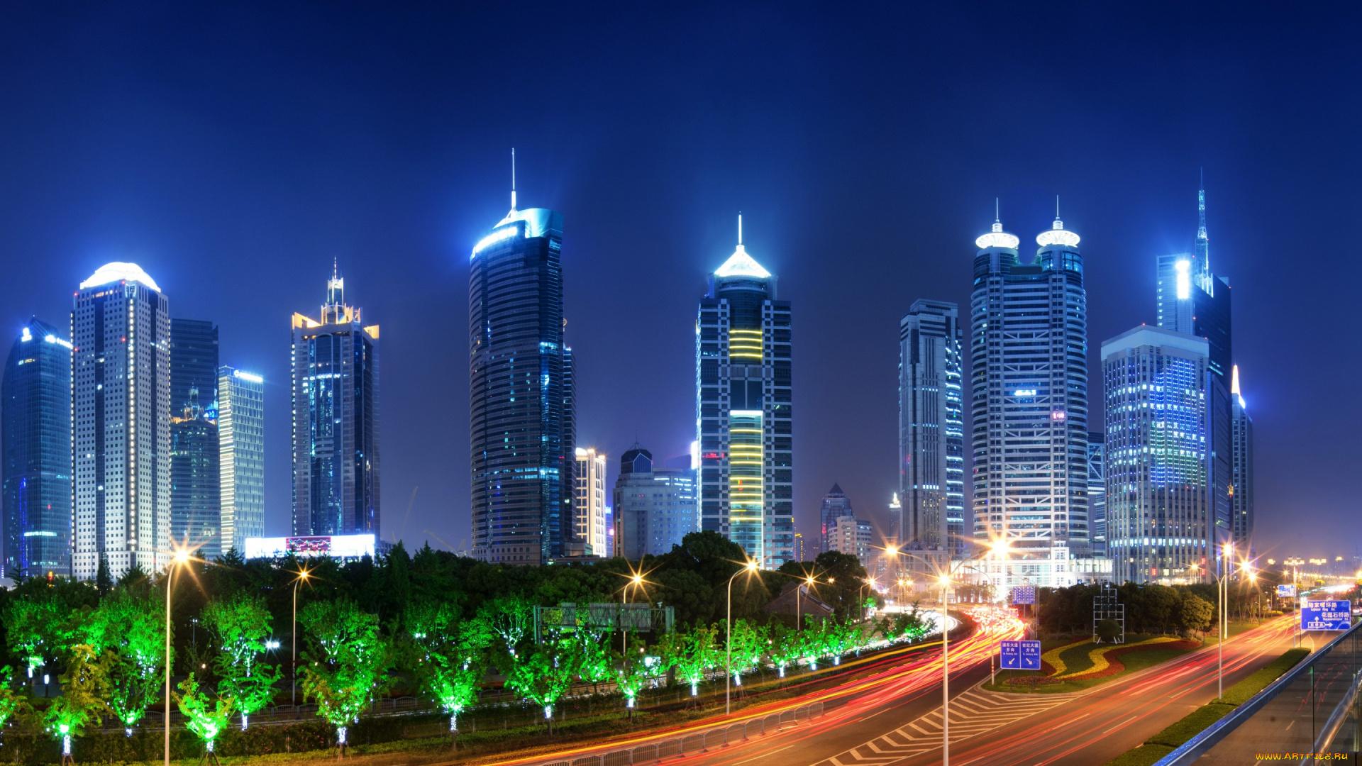 города, шанхай, , китай, шанхай, мегаполис, автострада, небоскребы, ночь, огни, фонари