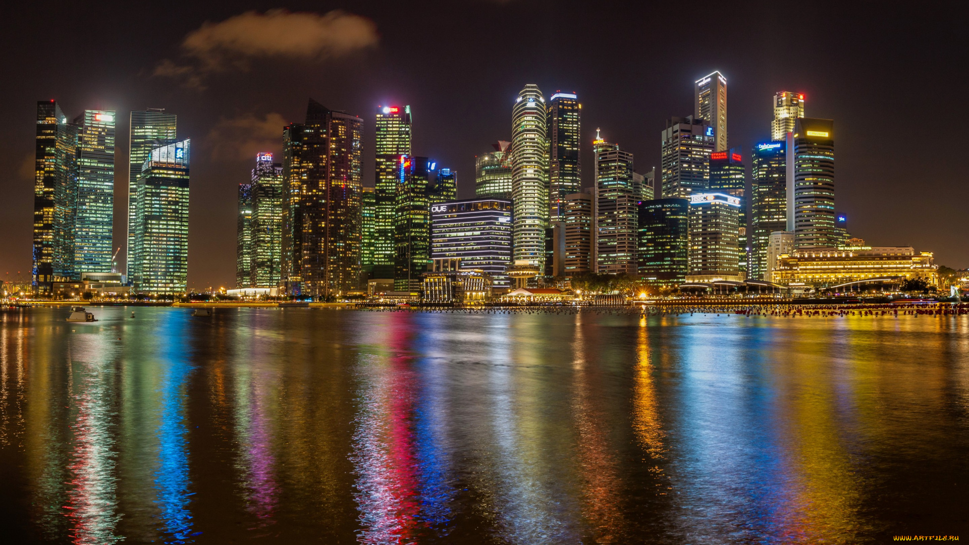 города, сингапур, , сингапур, залив, побережье, небоскребы, ночь, огни