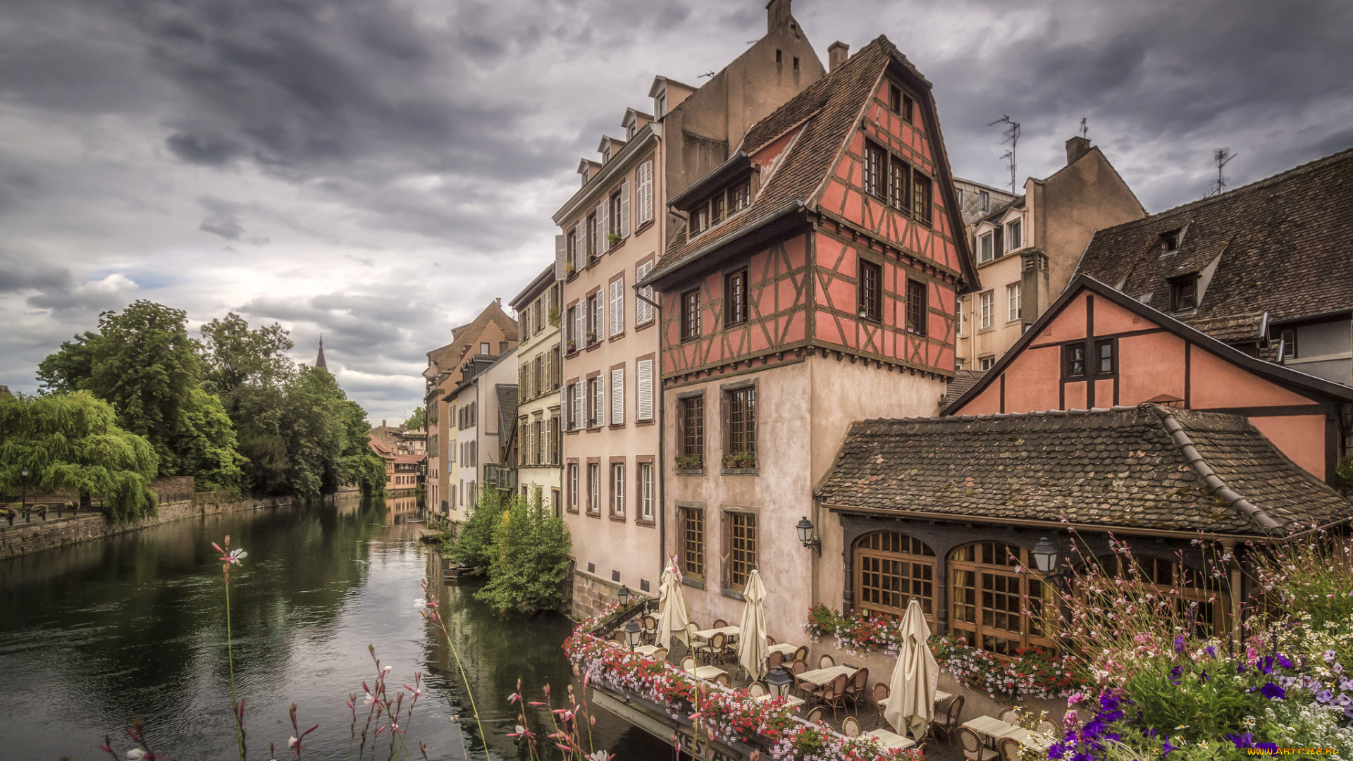 города, страсбург, , франция, набережная, канал, здания