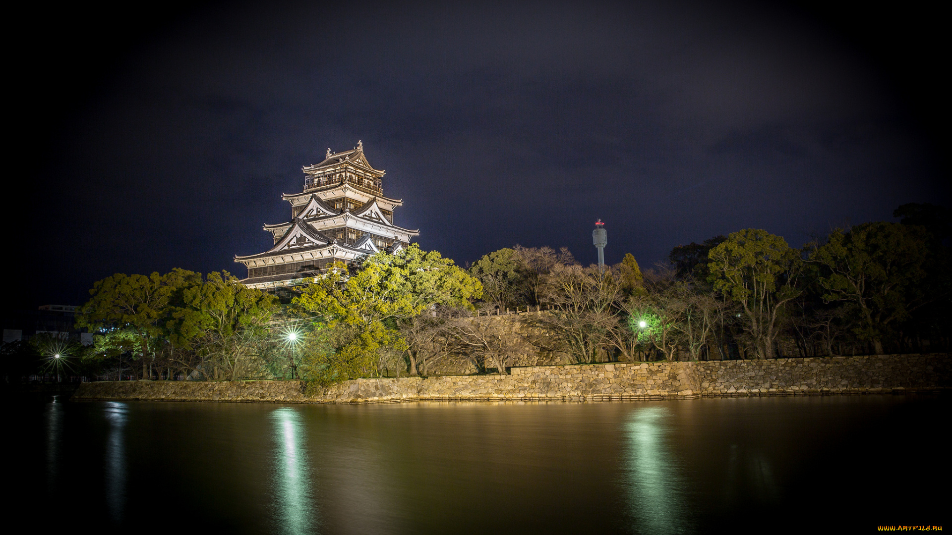 hiroshima, castle, города, замки, Японии, замок, водоем, ночь