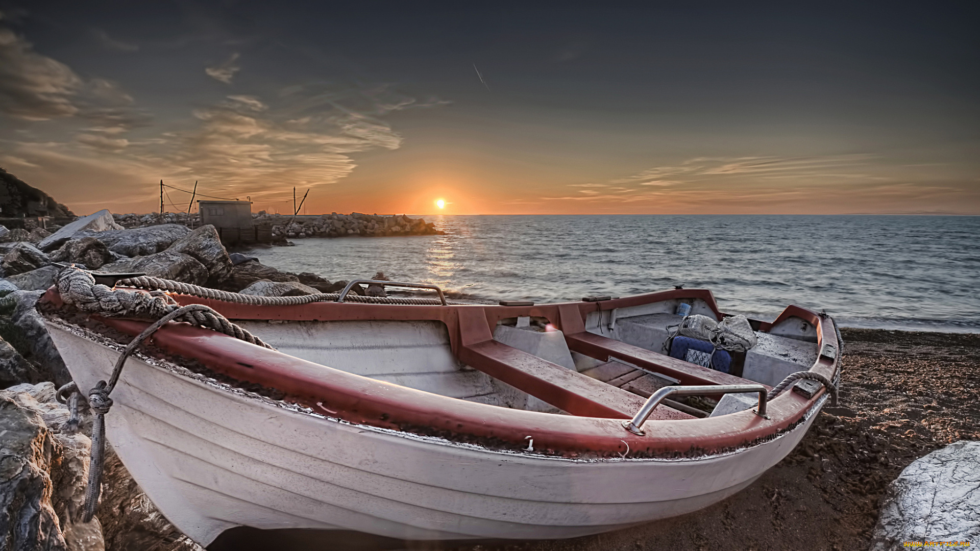 корабли, лодки, , шлюпки, закат, лодка, море, берег