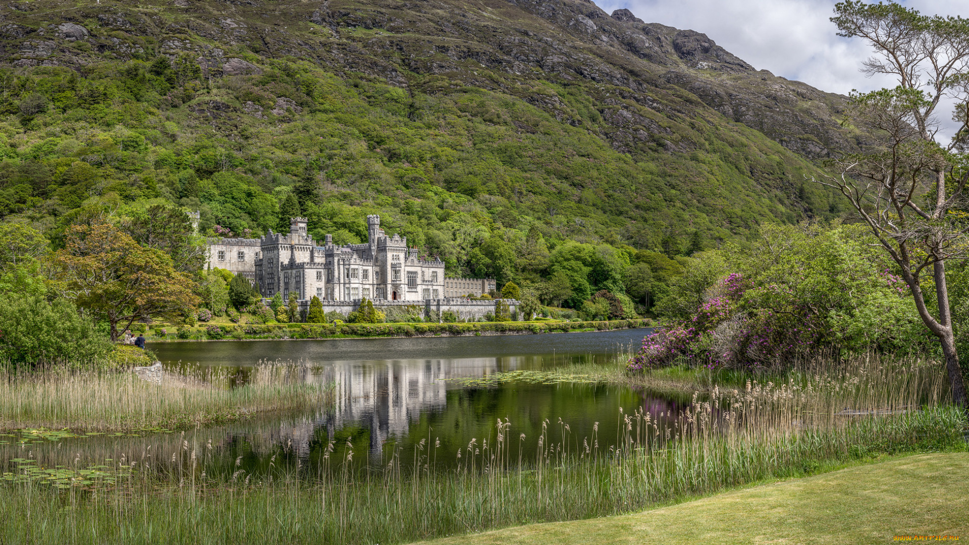 kylemore, abbey, города, -, пейзажи, река, лес, горы, замок